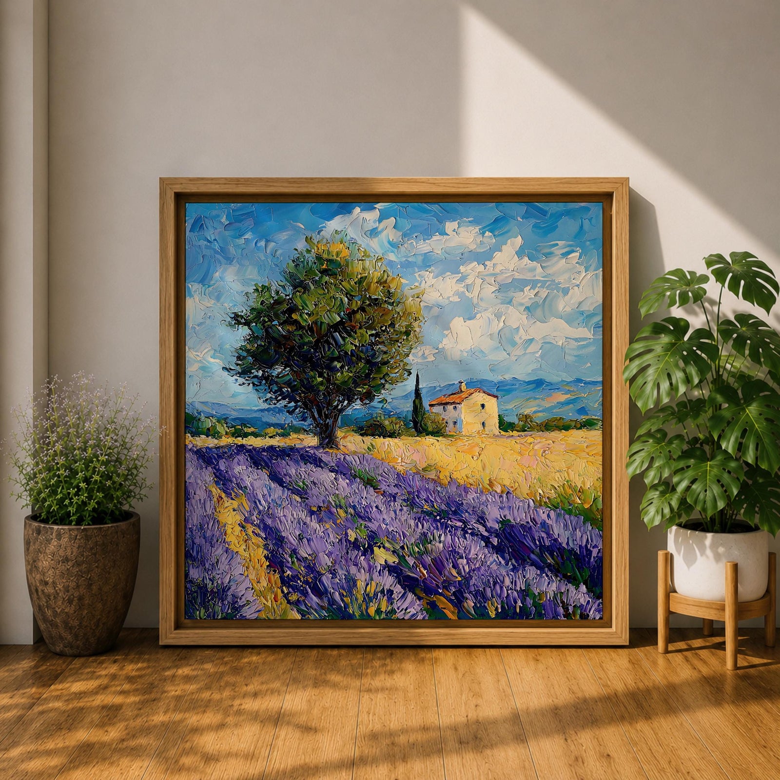 Lavender Field Wall Art Provence Landscape Framed Canvas Purple Impasto Rustic Home Decor