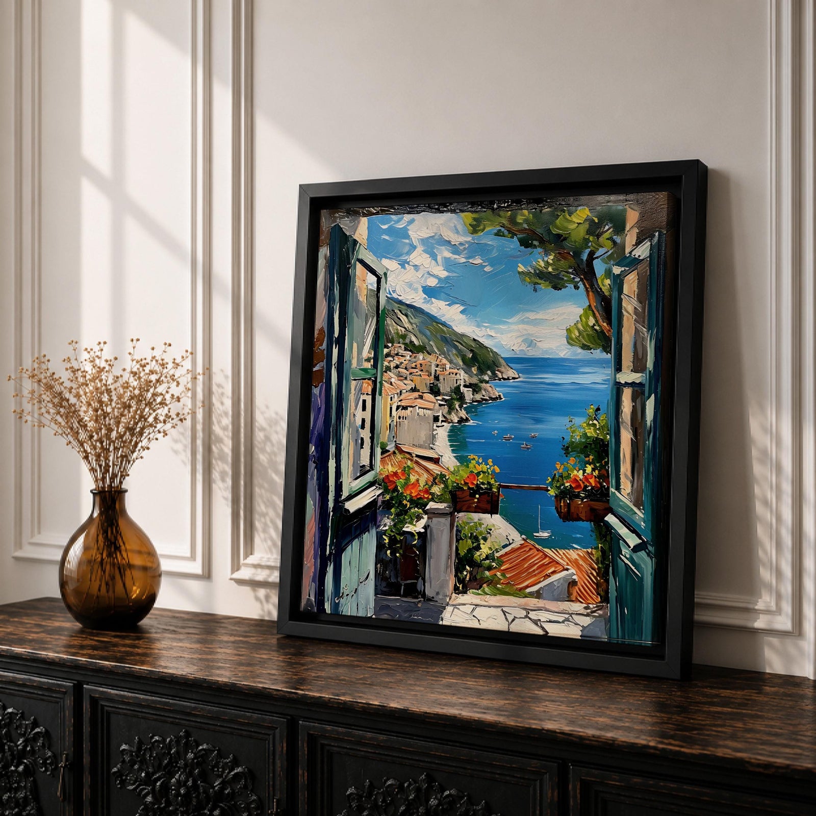 Mediterranean Window View Wall Art Coastal Seaside Framed Canvas Ocean Landscape Living Room Decor