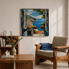 Mediterranean Window View Wall Art Coastal Seaside Framed Canvas Ocean Landscape Living Room Decor