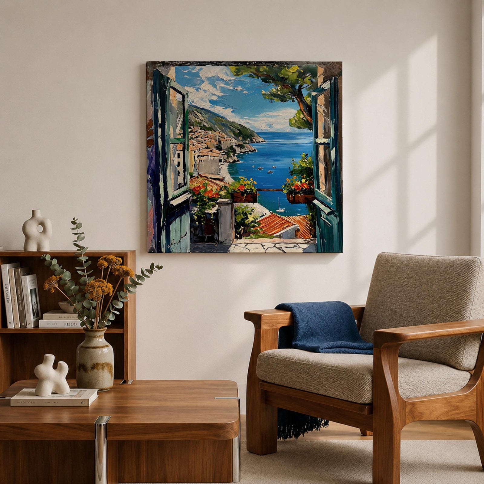 Mediterranean Window View Wall Art Coastal Seaside Framed Canvas Ocean Landscape Living Room Decor