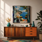 Mediterranean Window View Wall Art Coastal Seaside Framed Canvas Ocean Landscape Living Room Decor