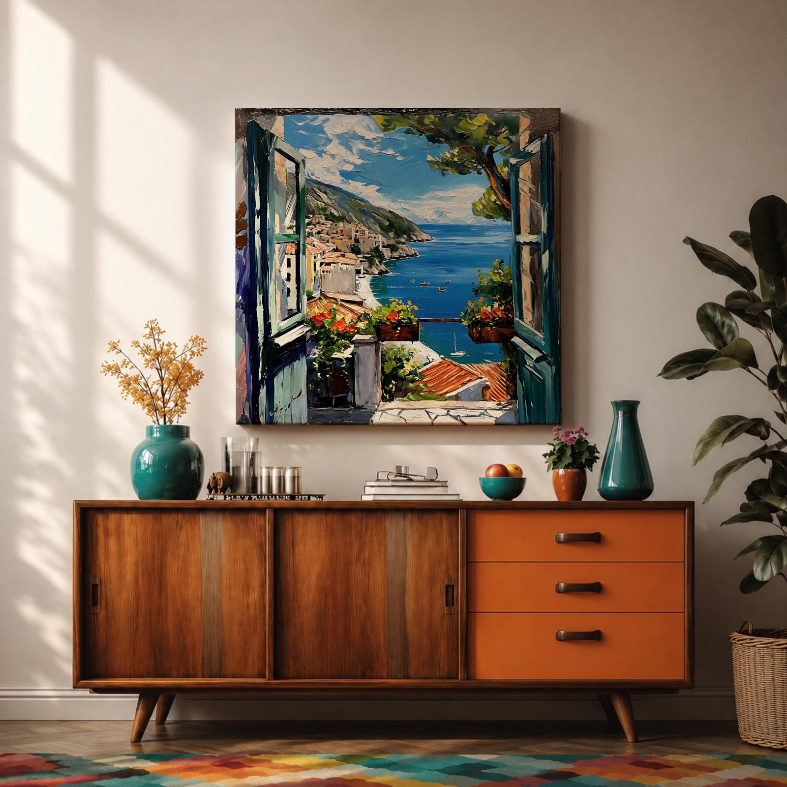 Mediterranean Window View Wall Art Coastal Seaside Framed Canvas Ocean Landscape Living Room Decor