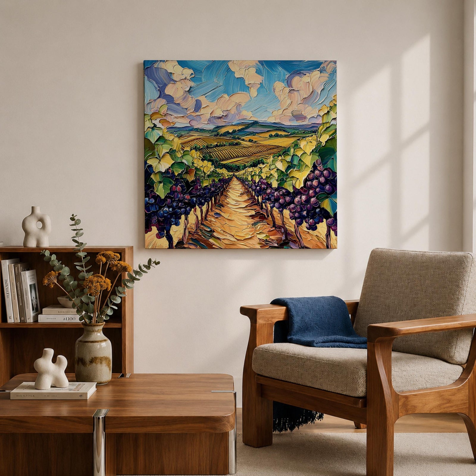 Vineyard Landscape Wall Art Grape Vineyard Framed Canvas Countryside Impasto Rustic Home Decor
