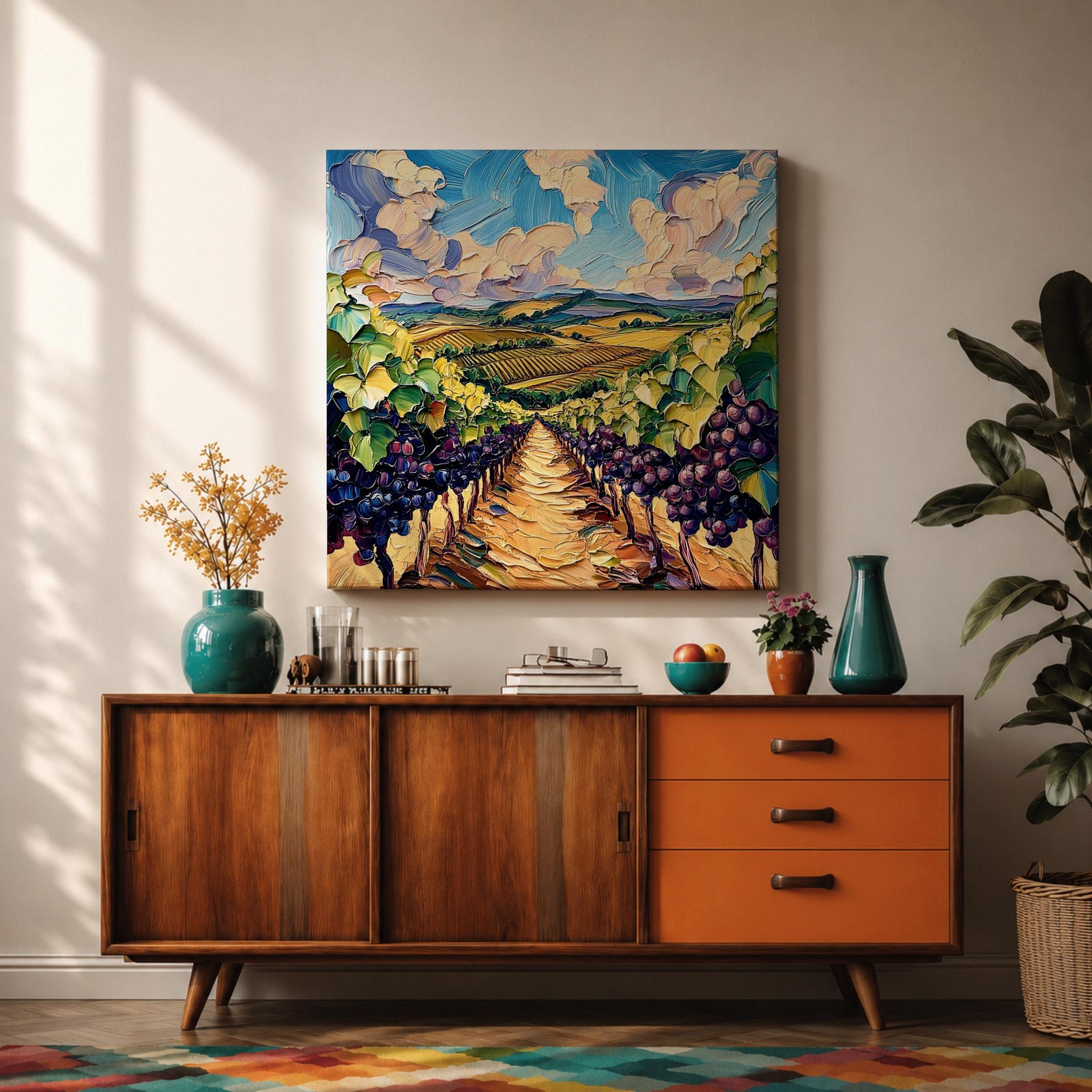Vineyard Landscape Wall Art Grape Vineyard Framed Canvas Countryside Impasto Rustic Home Decor