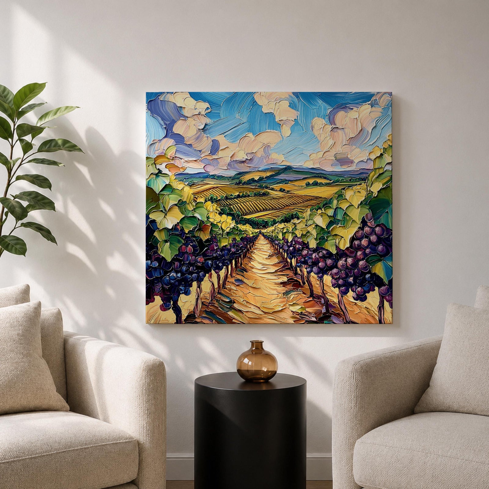 Vineyard Landscape Wall Art Grape Vineyard Framed Canvas Countryside Impasto Rustic Home Decor