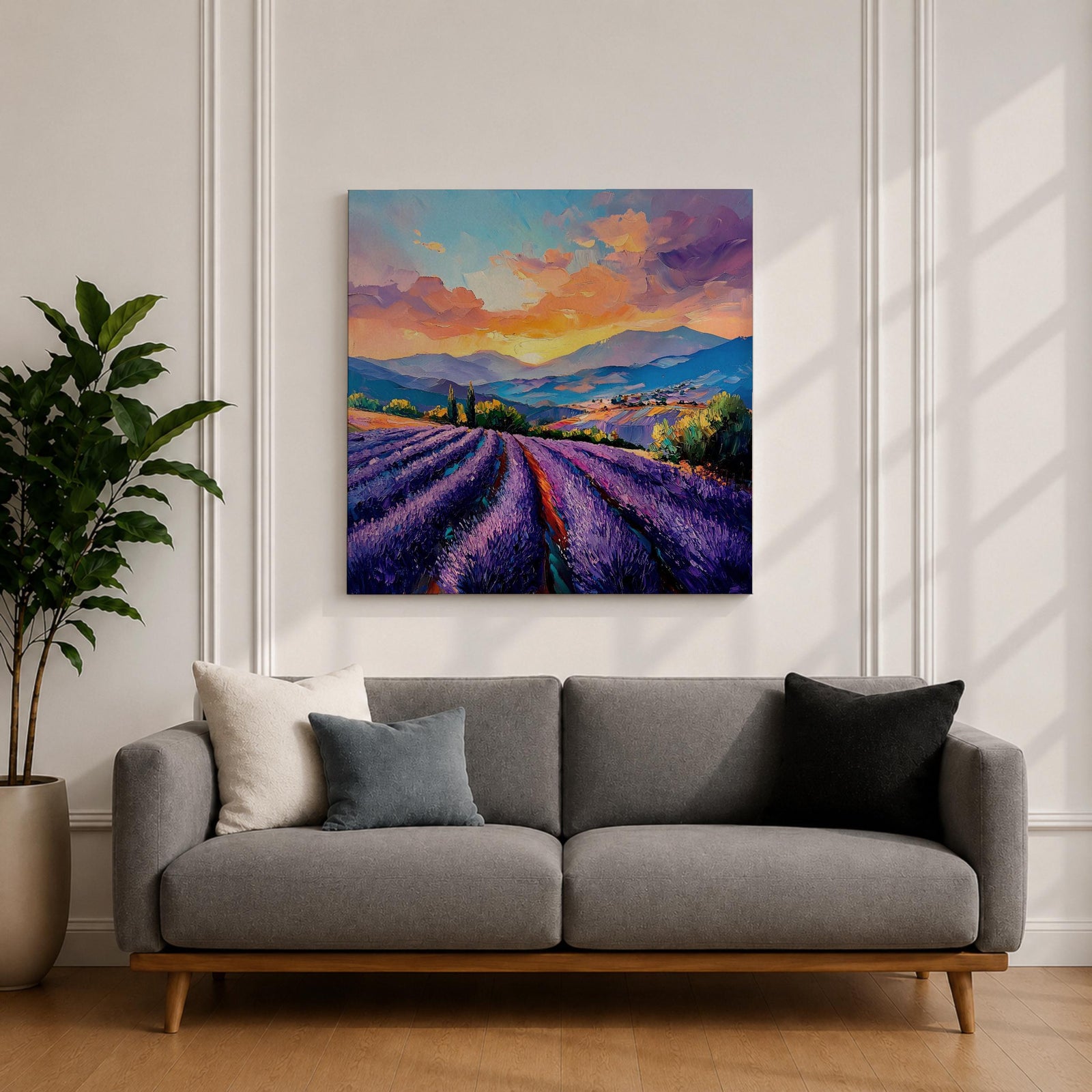 Lavender Field Wall Art Purple Flower Field Framed Canvas Provence Impasto Landscape Home Decor