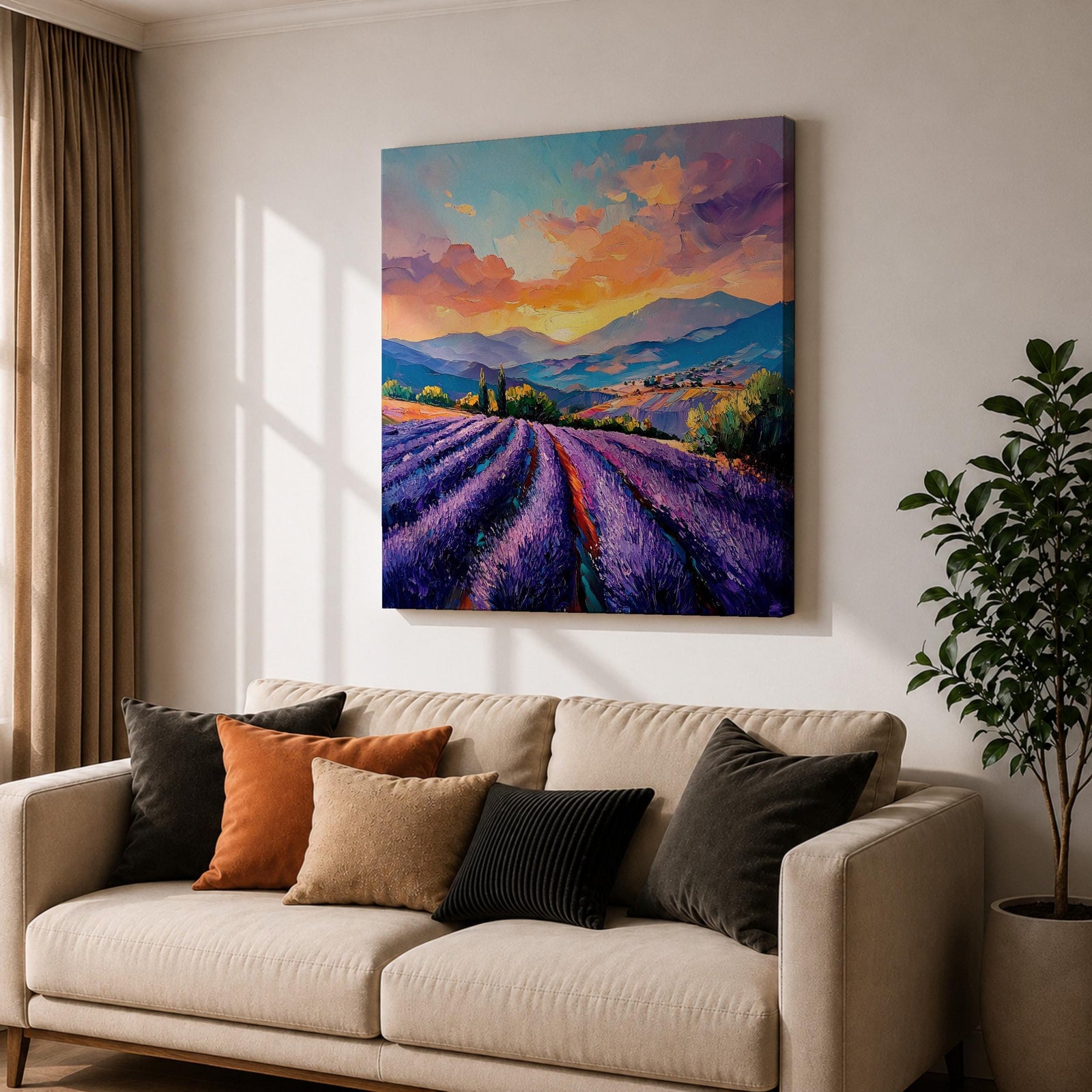 Lavender Field Wall Art Purple Flower Field Framed Canvas Provence Impasto Landscape Home Decor