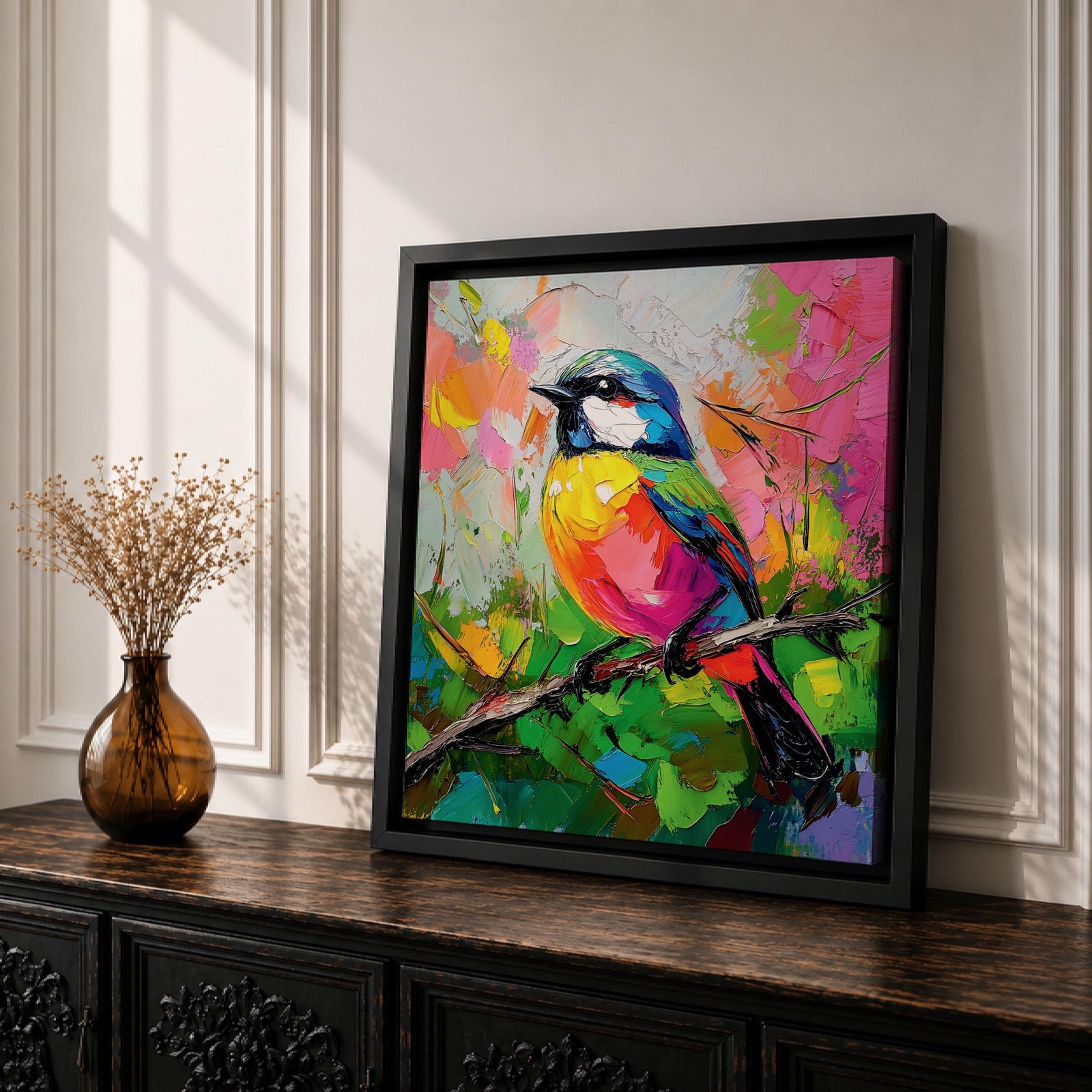 Songbird Wall Art Warbler Framed Canvas Tropical Bird Impasto Wildlife Boho Home Decor