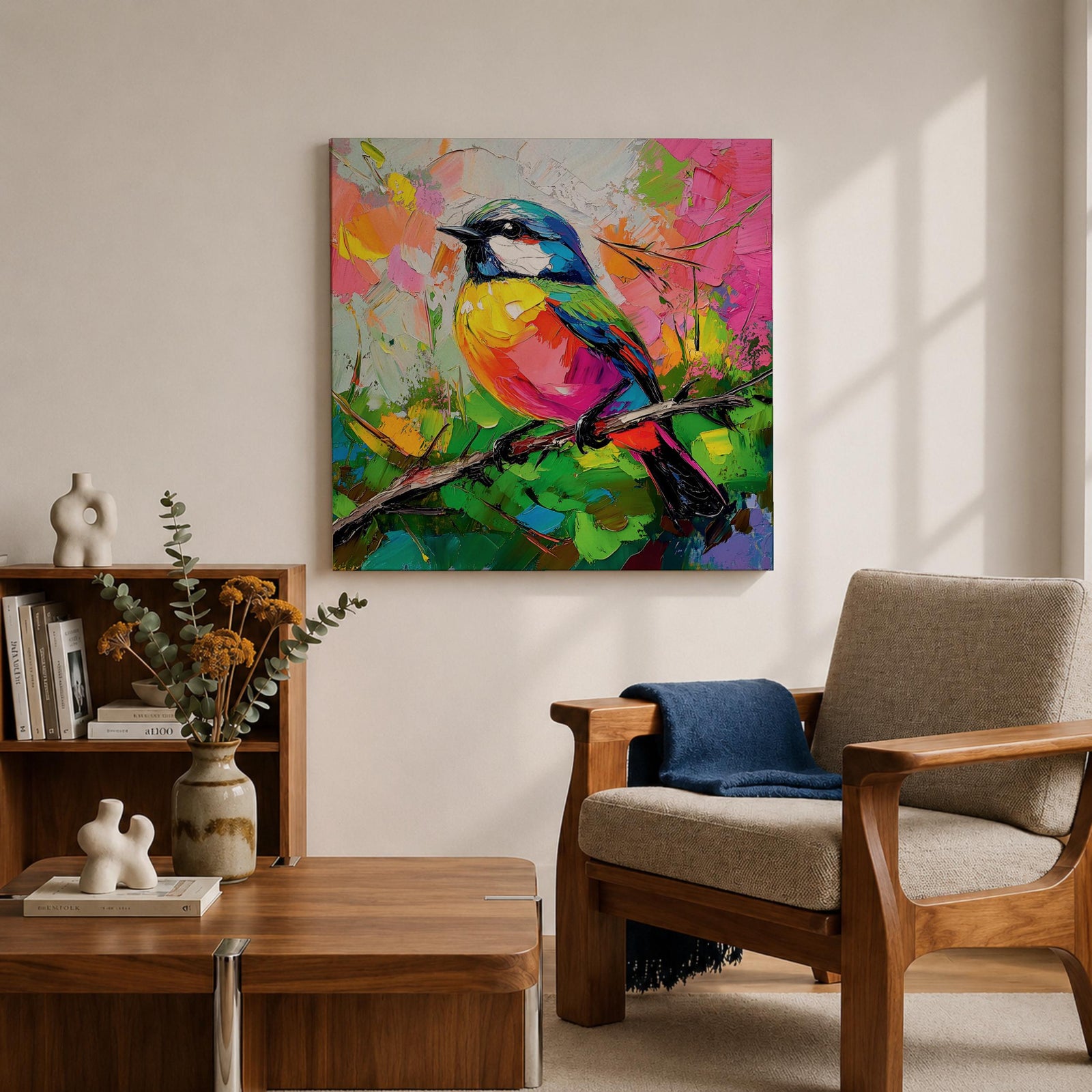 Songbird Wall Art Warbler Framed Canvas Tropical Bird Impasto Wildlife Boho Home Decor