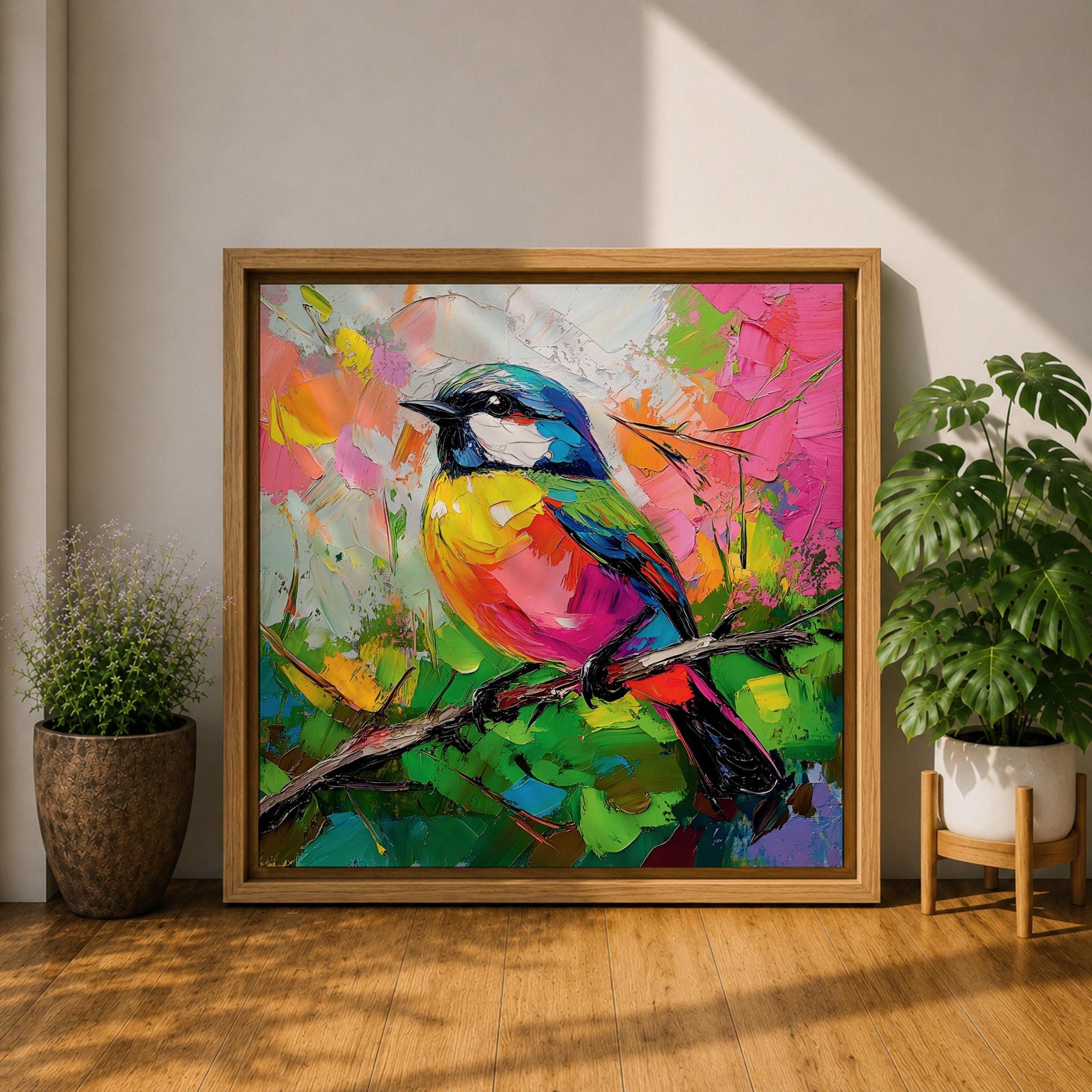 Songbird Wall Art Warbler Framed Canvas Tropical Bird Impasto Wildlife Boho Home Decor