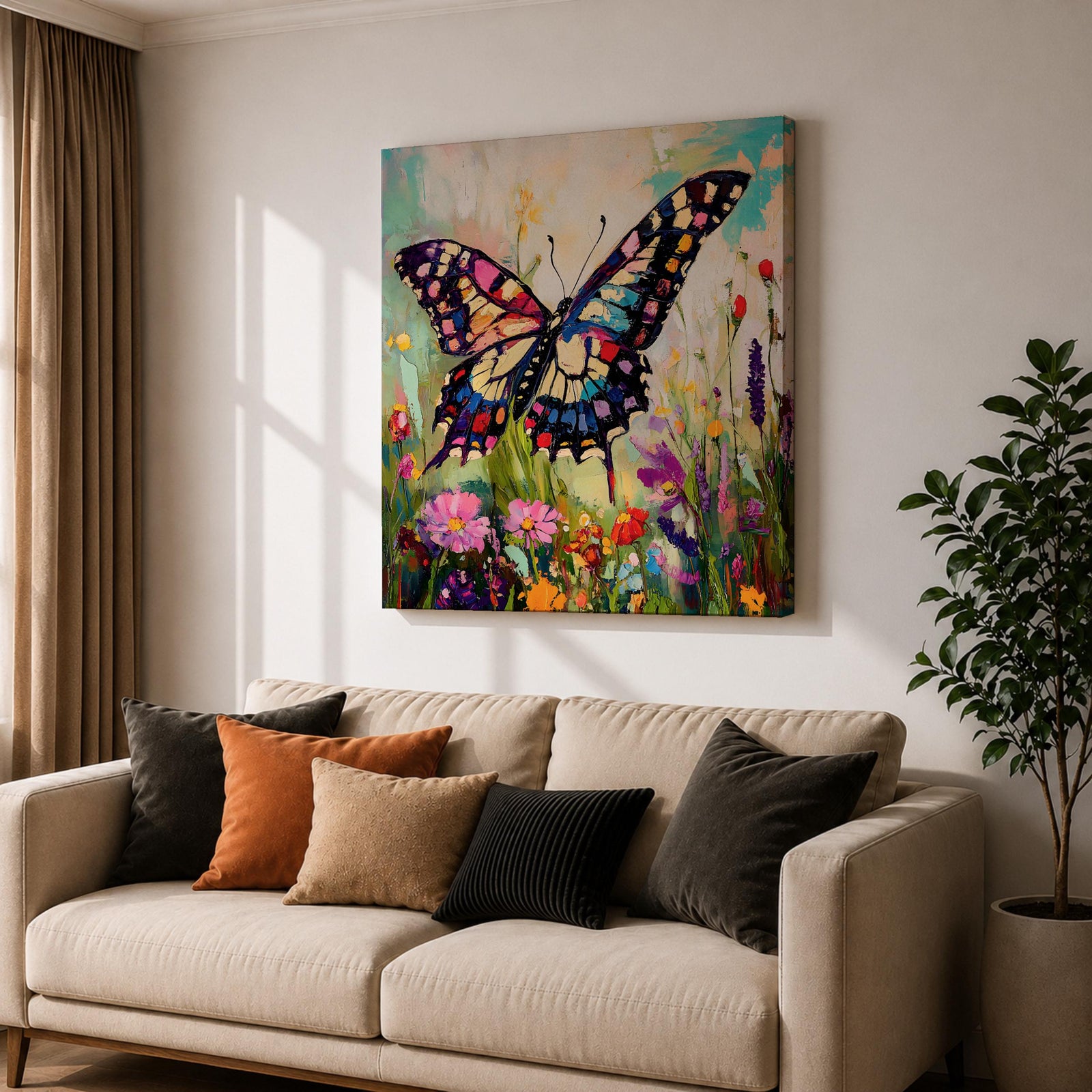 Butterfly Wall Art Swallowtail Framed Canvas Garden Floral Impasto Botanical Home Decor