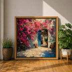 Mediterranean Doorway Wall Art Greek Entryway Framed Canvas Summer Impasto Landscape Coastal Decor
