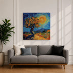 Sunlit Tree Wall Art Golden Oak Framed Canvas Landscape Impasto Rustic Home Decor