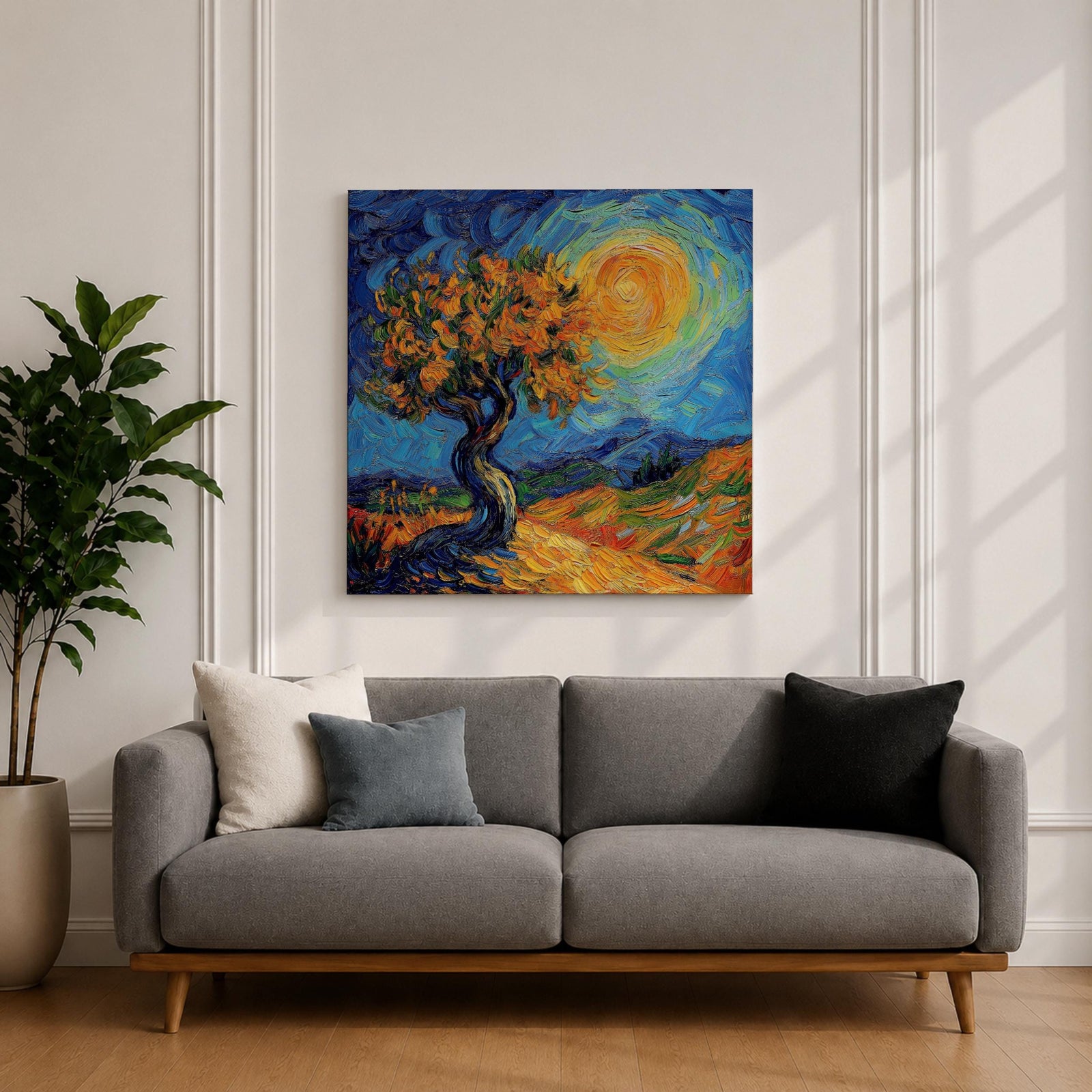 Sunlit Tree Wall Art Golden Oak Framed Canvas Landscape Impasto Rustic Home Decor