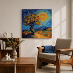 Sunlit Tree Wall Art Golden Oak Framed Canvas Landscape Impasto Rustic Home Decor