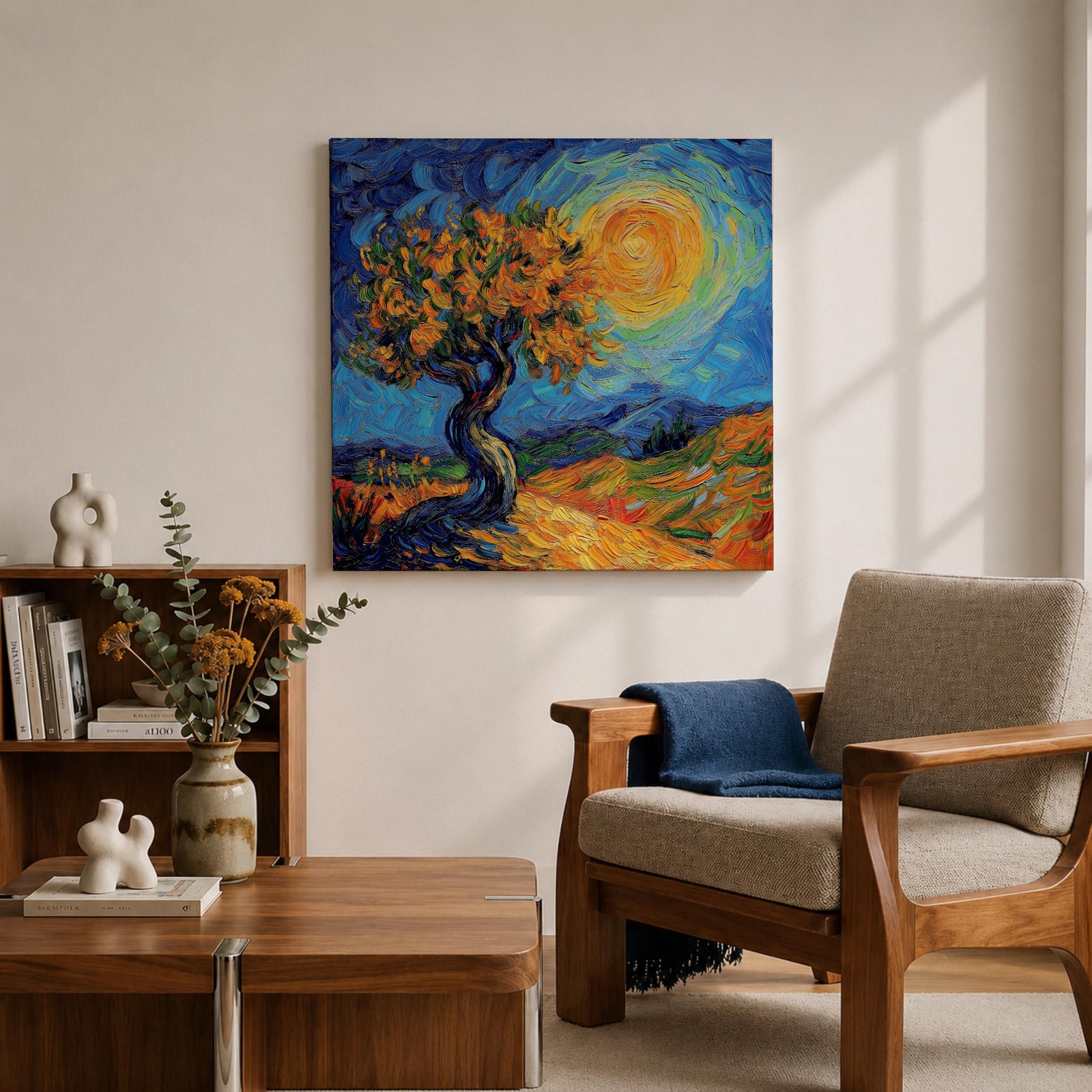 Sunlit Tree Wall Art Golden Oak Framed Canvas Landscape Impasto Rustic Home Decor