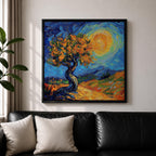 Sunlit Tree Wall Art Golden Oak Framed Canvas Landscape Impasto Rustic Home Decor