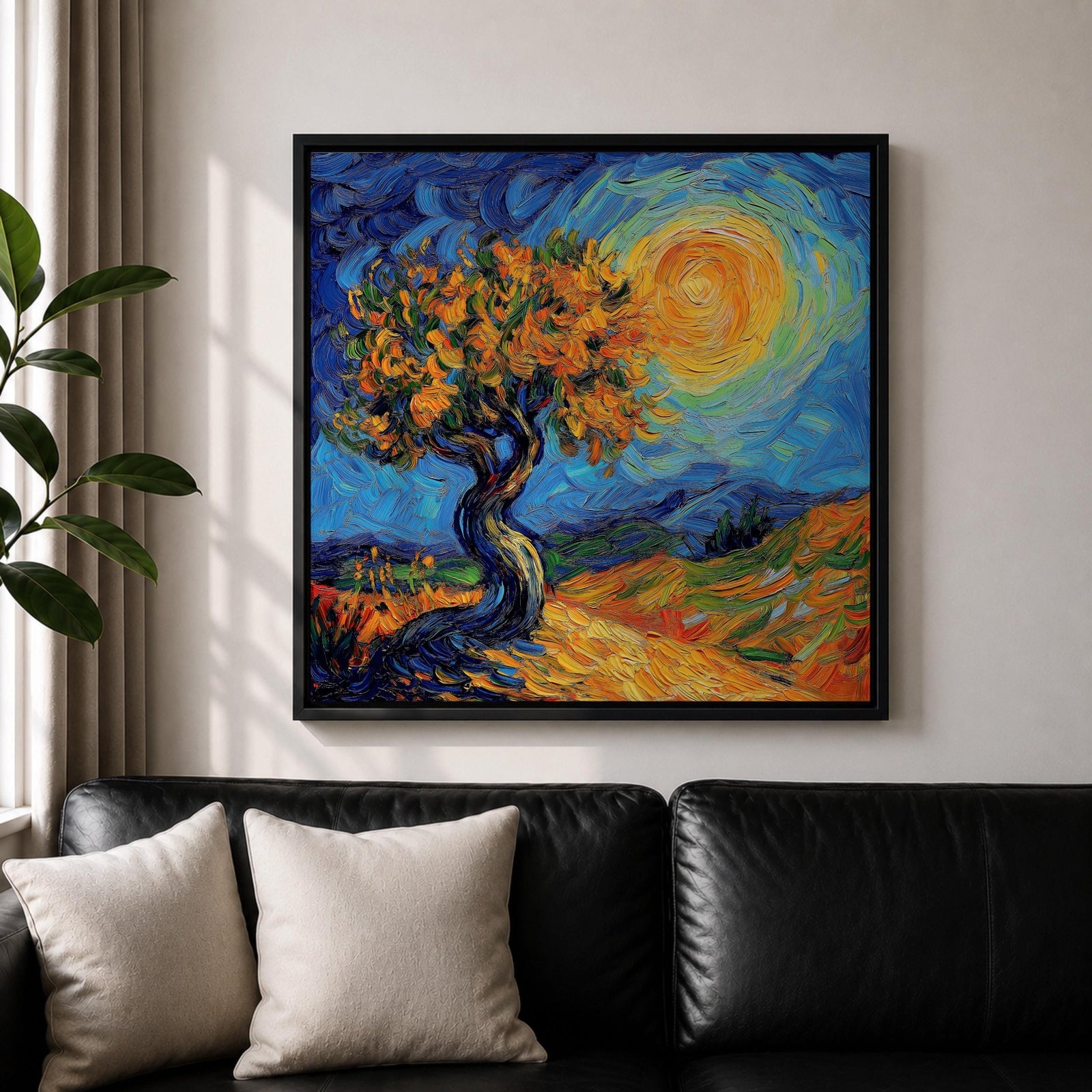 Sunlit Tree Wall Art Golden Oak Framed Canvas Landscape Impasto Rustic Home Decor