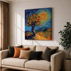 Sunlit Tree Wall Art Golden Oak Framed Canvas Landscape Impasto Rustic Home Decor