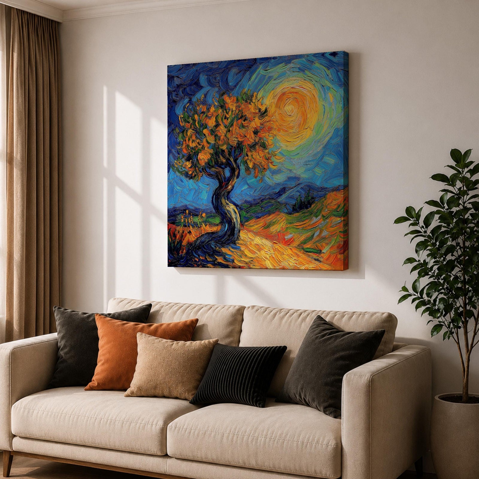 Sunlit Tree Wall Art Golden Oak Framed Canvas Landscape Impasto Rustic Home Decor