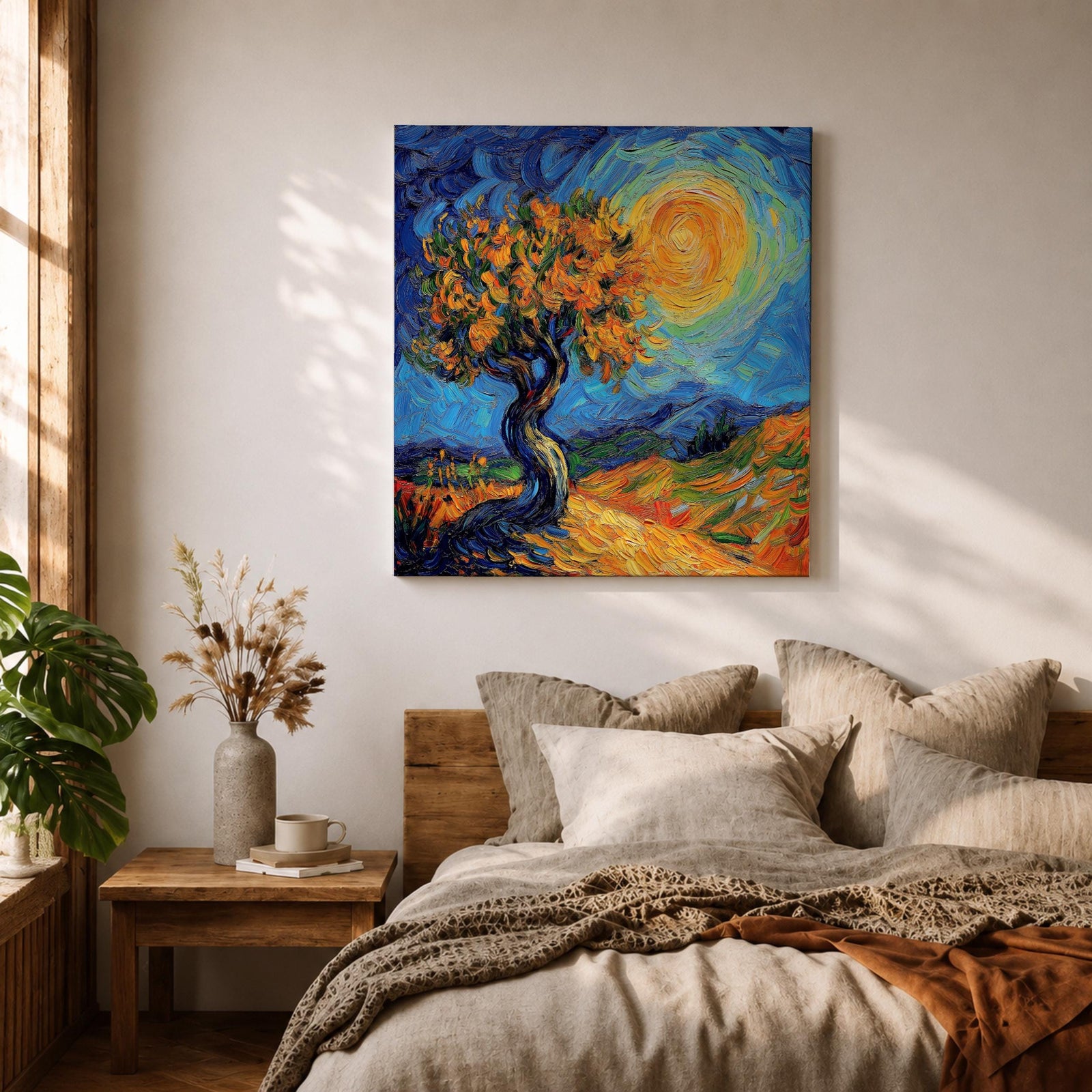 Sunlit Tree Wall Art Golden Oak Framed Canvas Landscape Impasto Rustic Home Decor