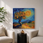 Sunlit Tree Wall Art Golden Oak Framed Canvas Landscape Impasto Rustic Home Decor