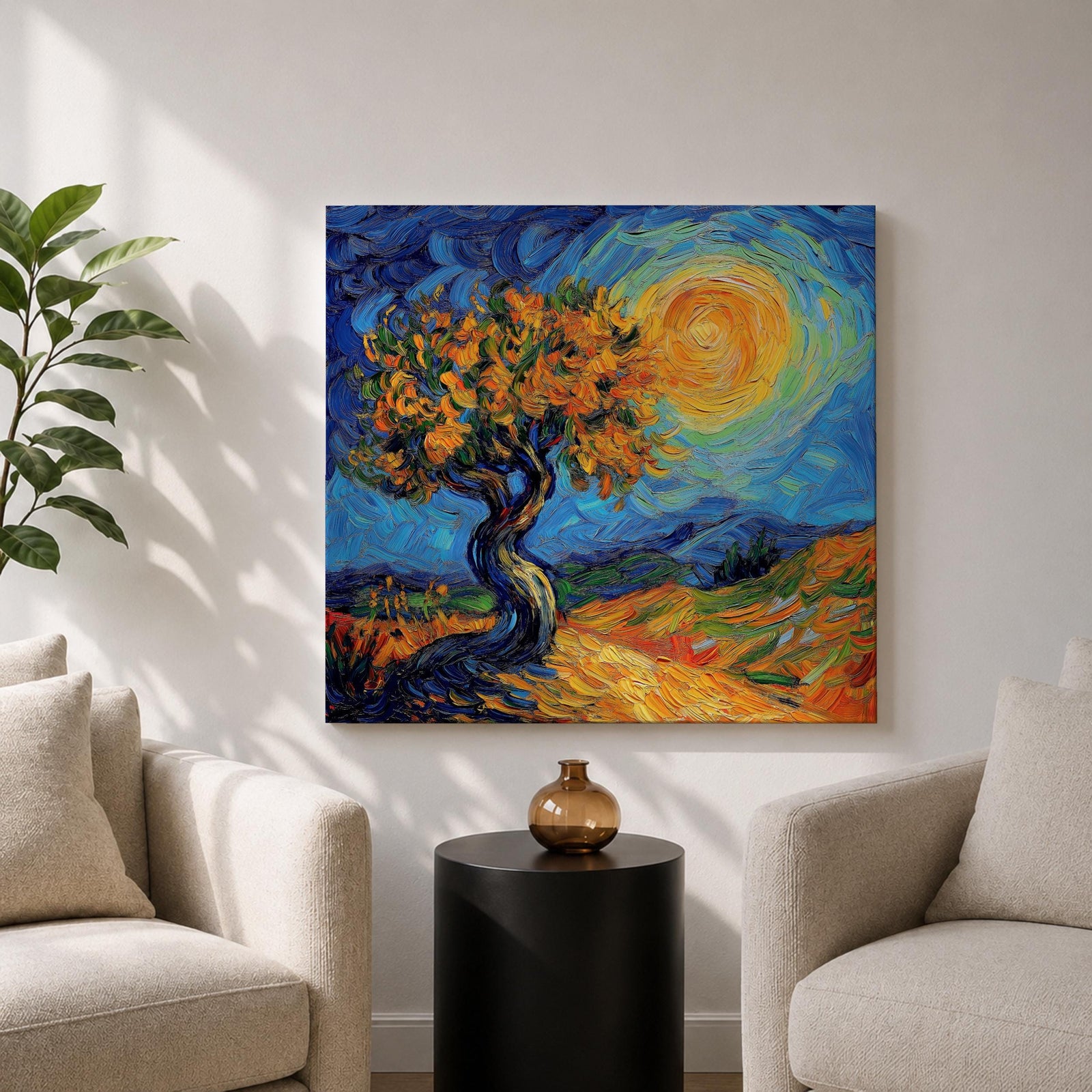 Sunlit Tree Wall Art Golden Oak Framed Canvas Landscape Impasto Rustic Home Decor