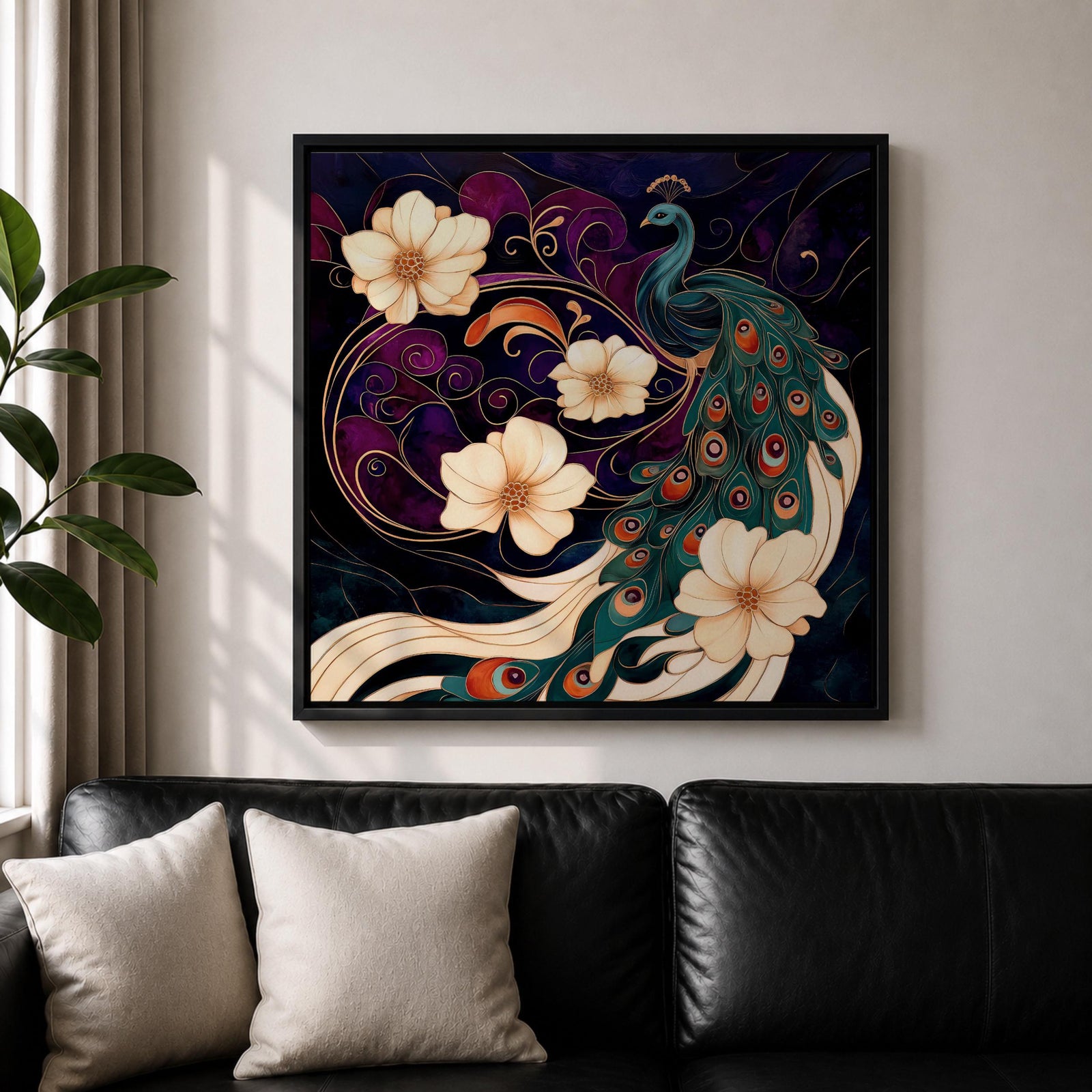 Peacock Wall Art Indian Peafowl Framed Canvas Floral Wildlife Impasto Boho Home Decor