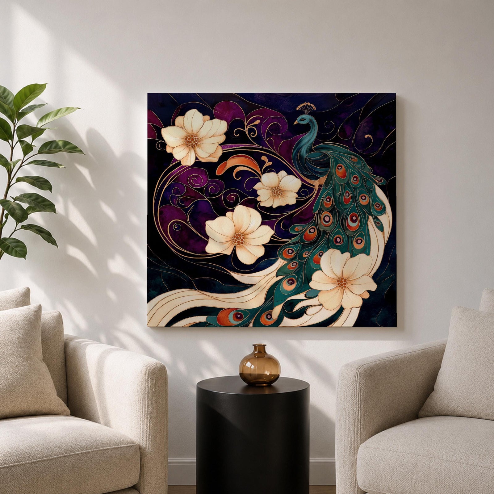 Peacock Wall Art Indian Peafowl Framed Canvas Floral Wildlife Impasto Boho Home Decor
