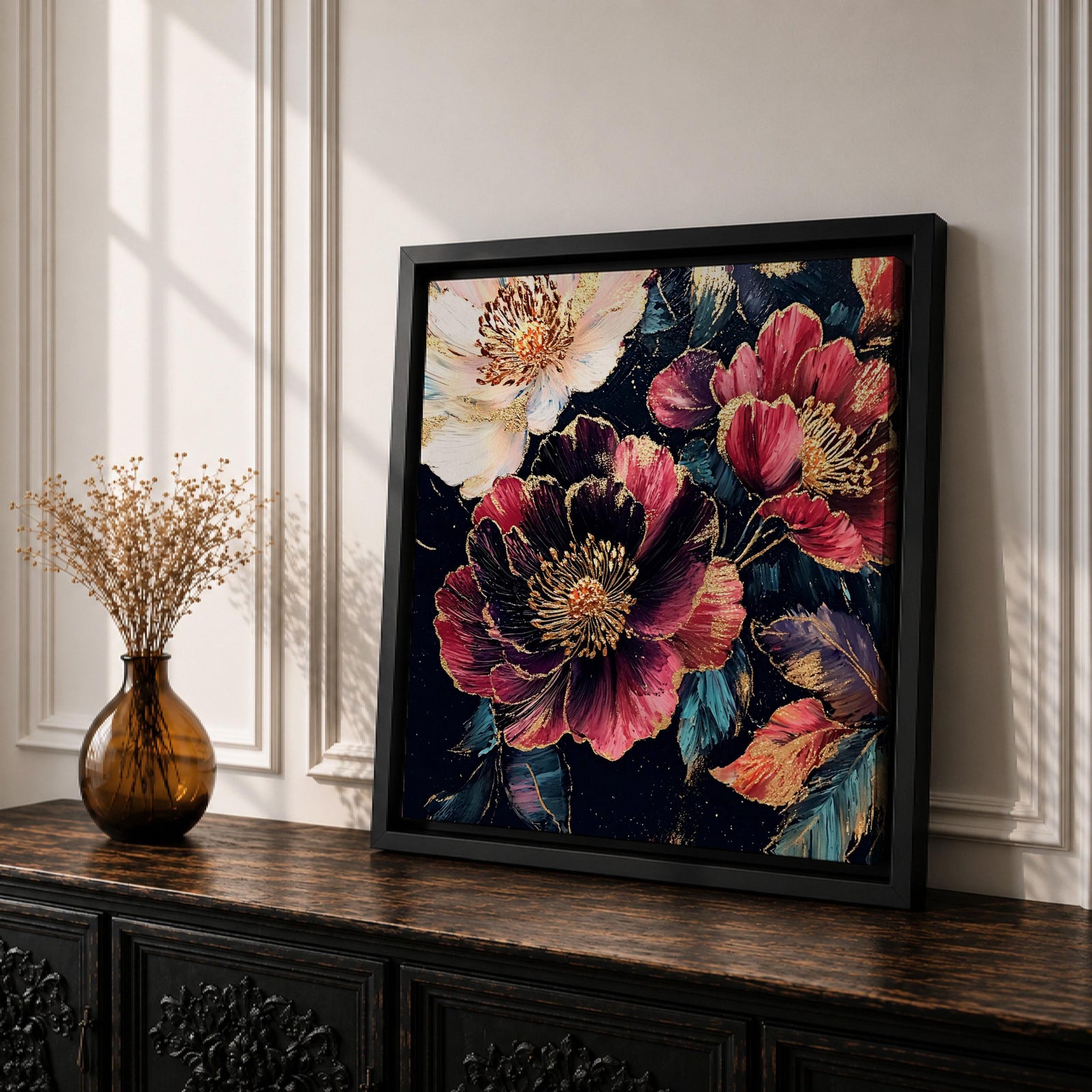 Dark Peony Wall Art Floral Painting Framed Canvas Botanical Flower Home Decor