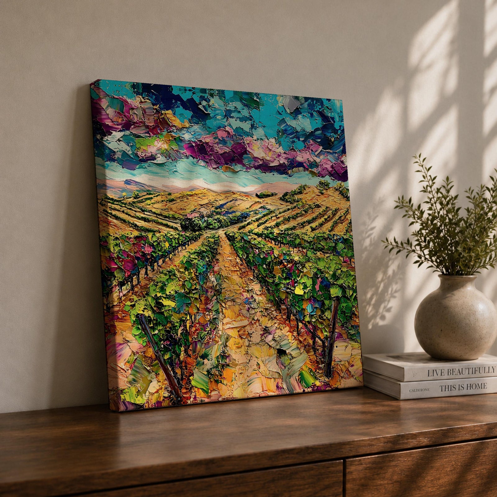 Vineyard Wall Art Grape Vines Framed Canvas Countryside Landscape Impasto Rustic Farmhouse Home Decor