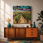 Vineyard Wall Art Grape Vines Framed Canvas Countryside Landscape Impasto Rustic Farmhouse Home Decor