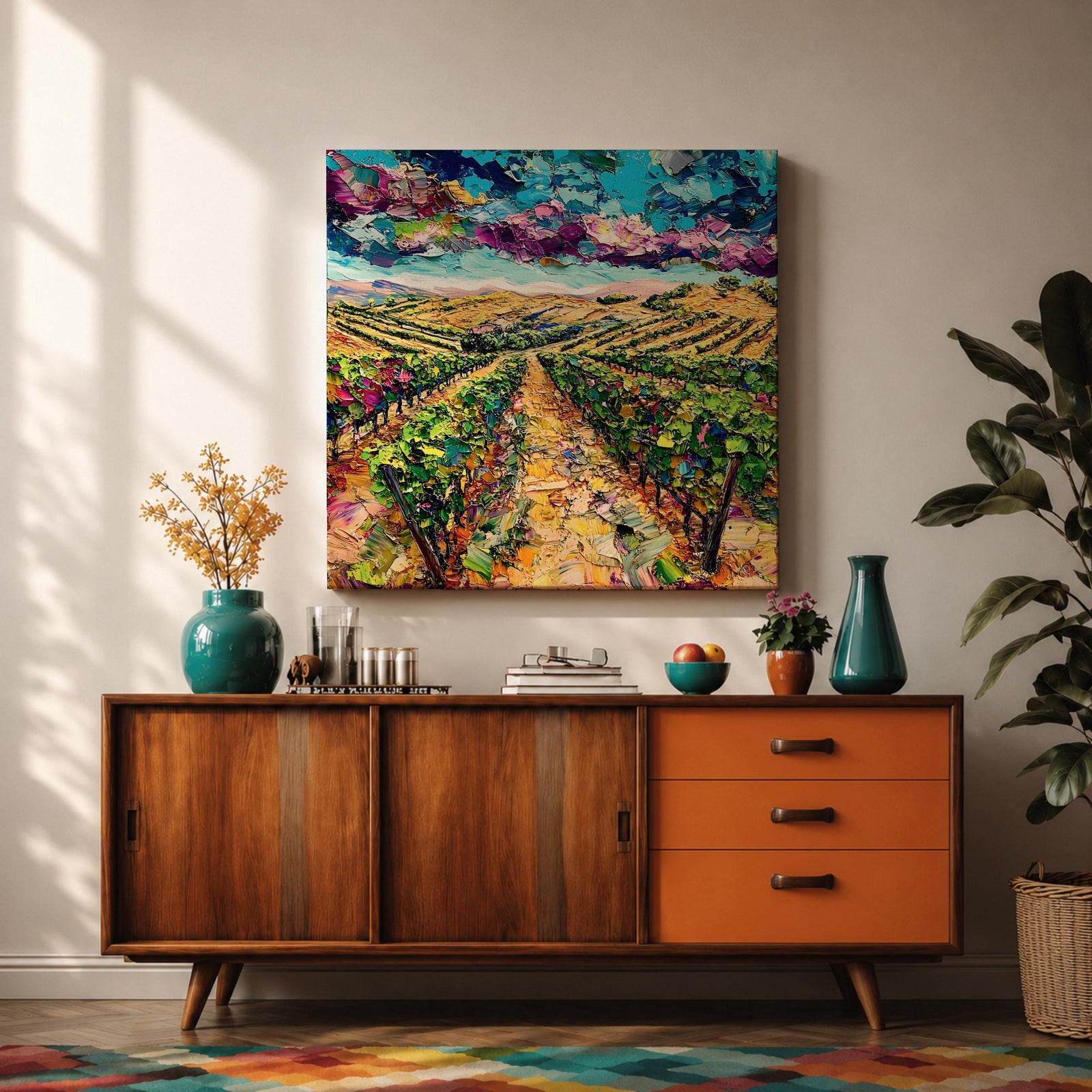 Vineyard Wall Art Grape Vines Framed Canvas Countryside Landscape Impasto Rustic Farmhouse Home Decor