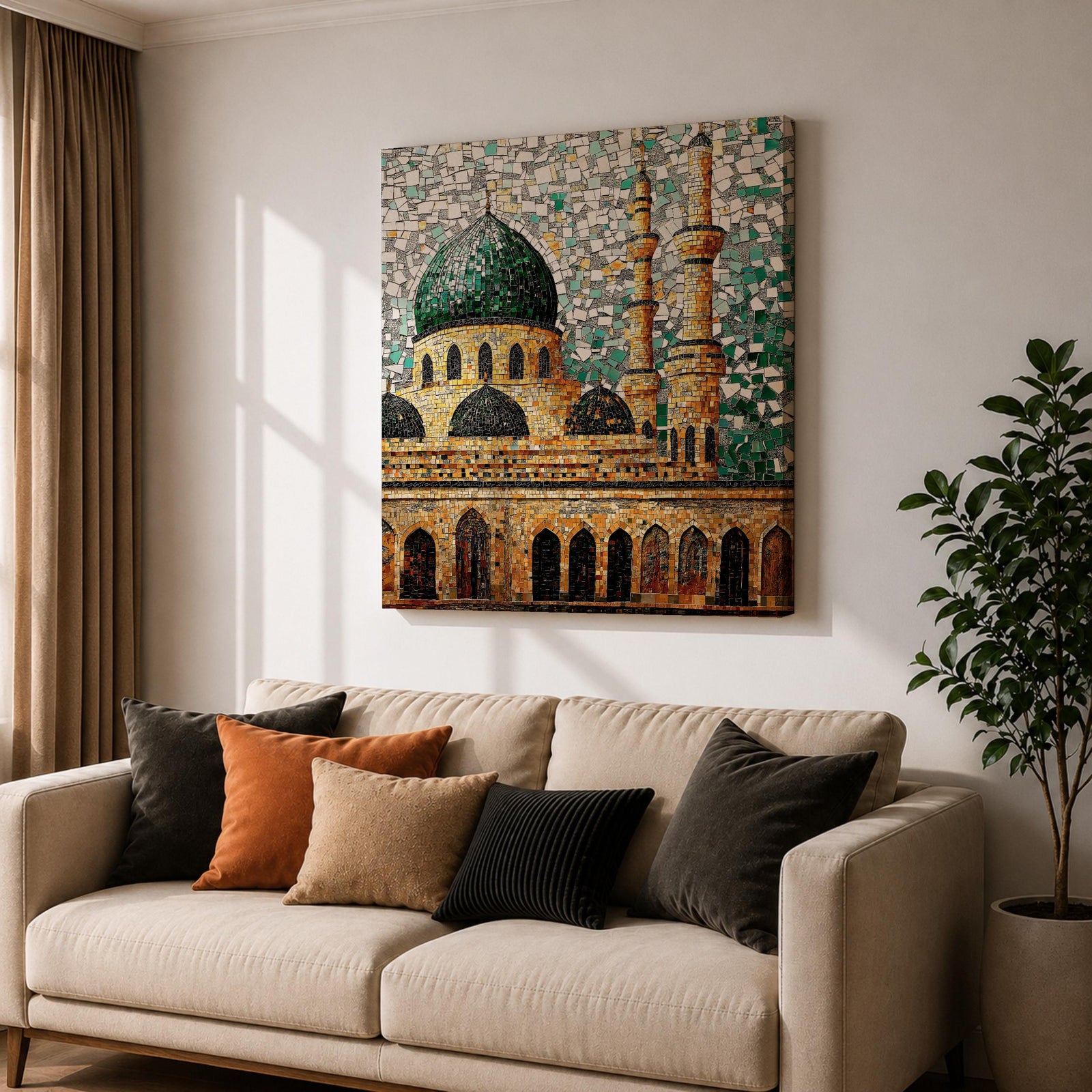 Masjid Al Nabawi Wall Art Green Dome Framed Canvas Prophets Mosque Mosaic Islamic Decor