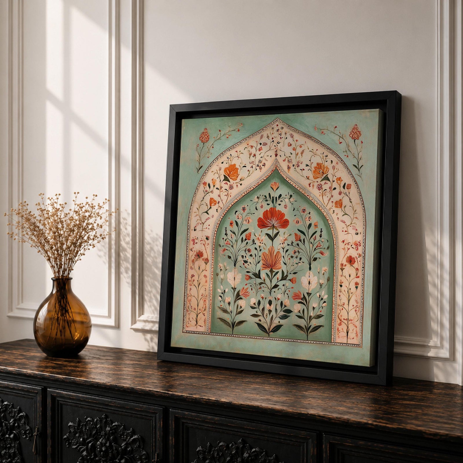 Mihrab Wall Art Floral Arch Framed Canvas Prayer Niche Mughal Islamic Home Decor