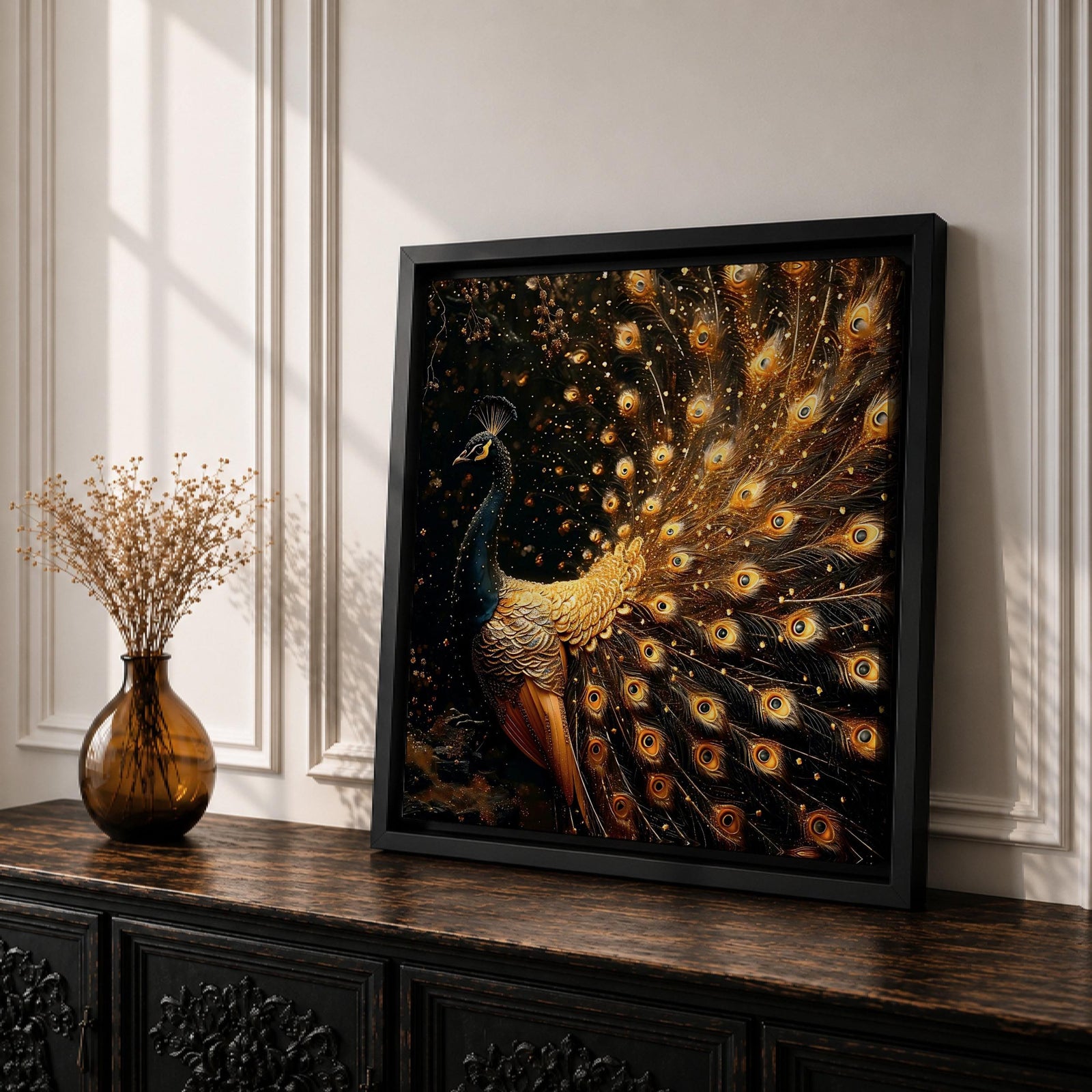 Peacock Wall Art Royal Feathers Framed Canvas Golden Exotic Animal Luxury Glam Decor