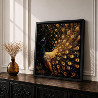 Peacock Wall Art Royal Feathers Framed Canvas Golden Exotic Animal Luxury Glam Decor