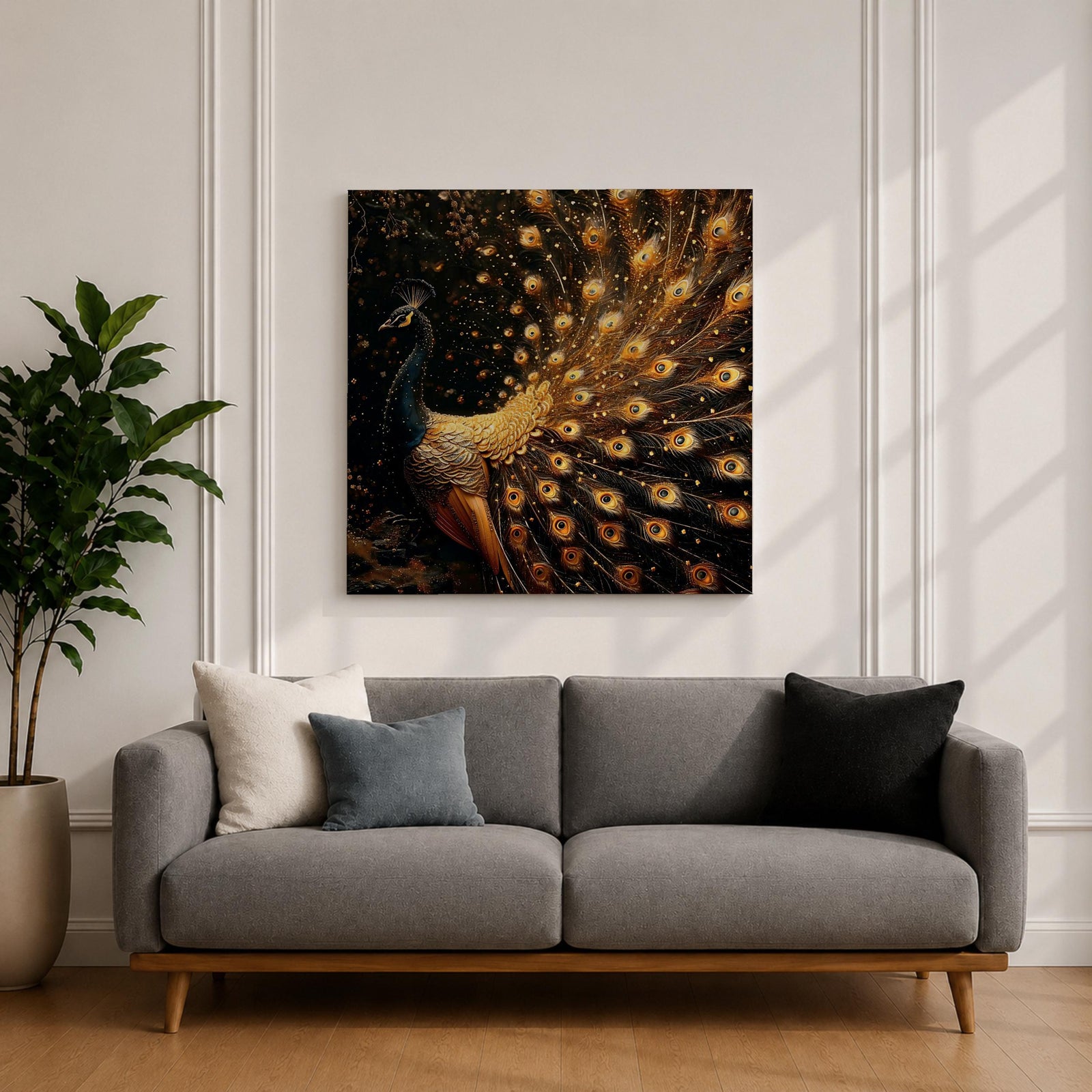 Peacock Wall Art Royal Feathers Framed Canvas Golden Exotic Animal Luxury Glam Decor