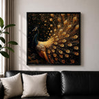 Peacock Wall Art Royal Feathers Framed Canvas Golden Exotic Animal Luxury Glam Decor