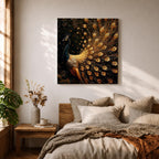 Peacock Wall Art Royal Feathers Framed Canvas Golden Exotic Animal Luxury Glam Decor