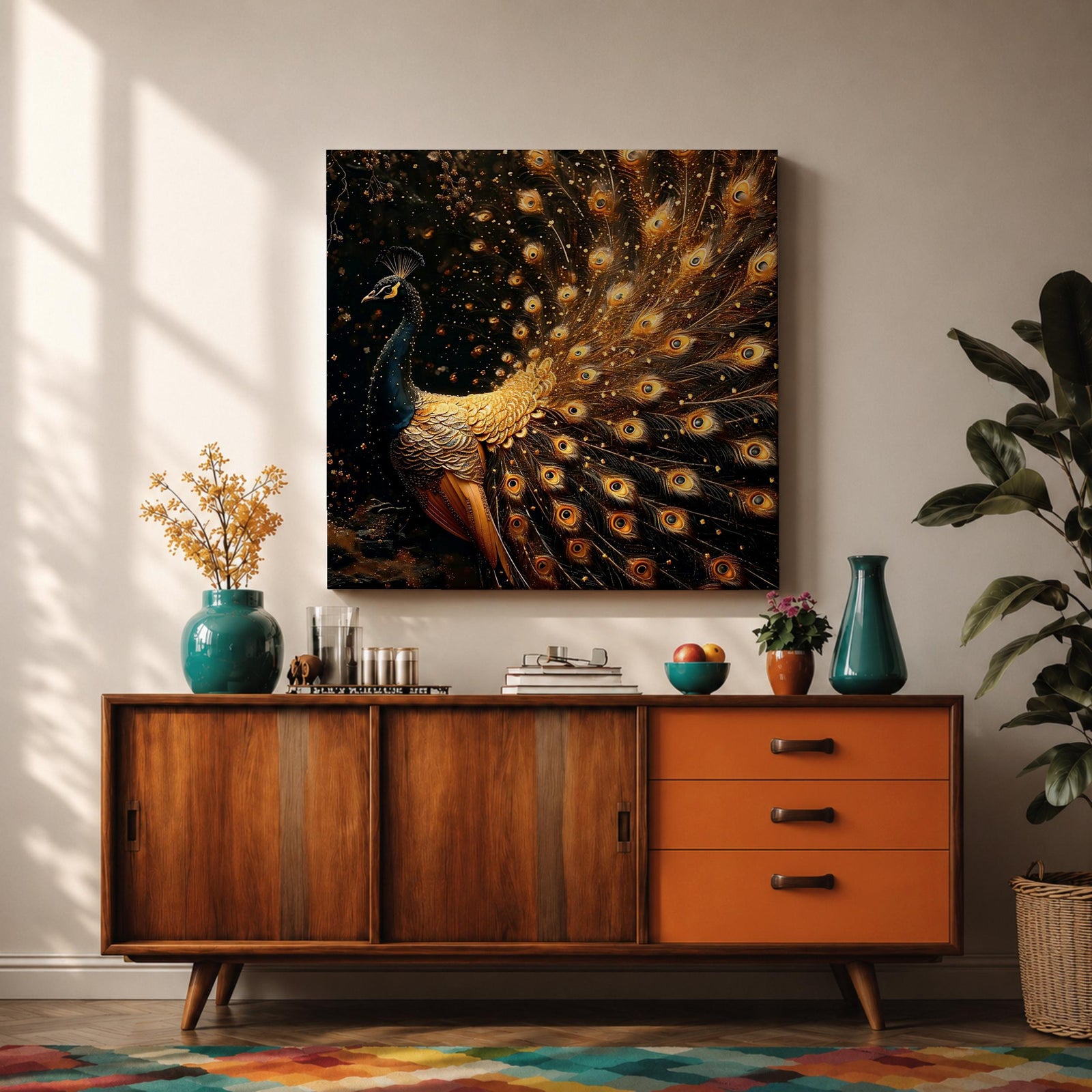 Peacock Wall Art Royal Feathers Framed Canvas Golden Exotic Animal Luxury Glam Decor