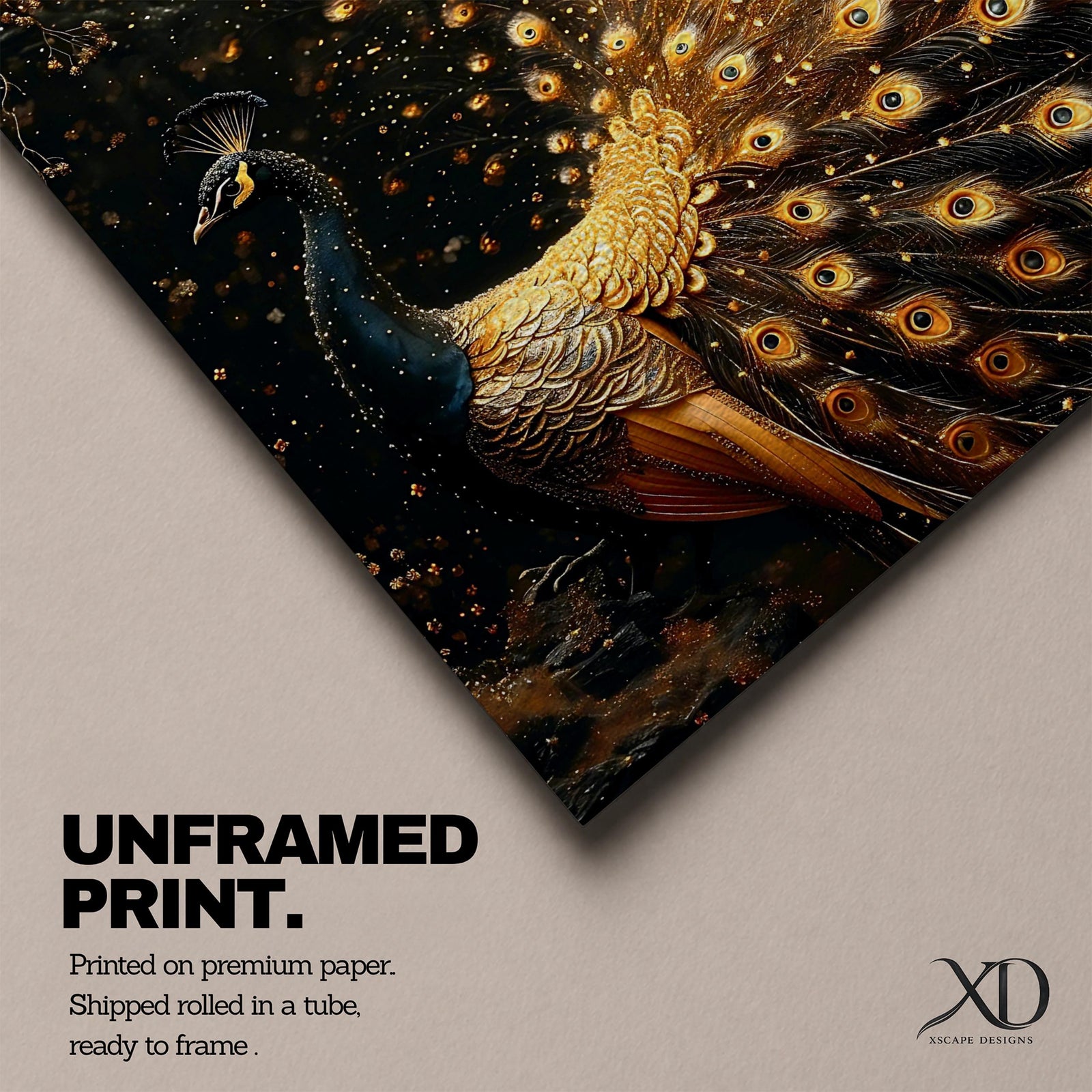 Peacock Wall Art Royal Feathers Framed Canvas Golden Exotic Animal Luxury Glam Decor