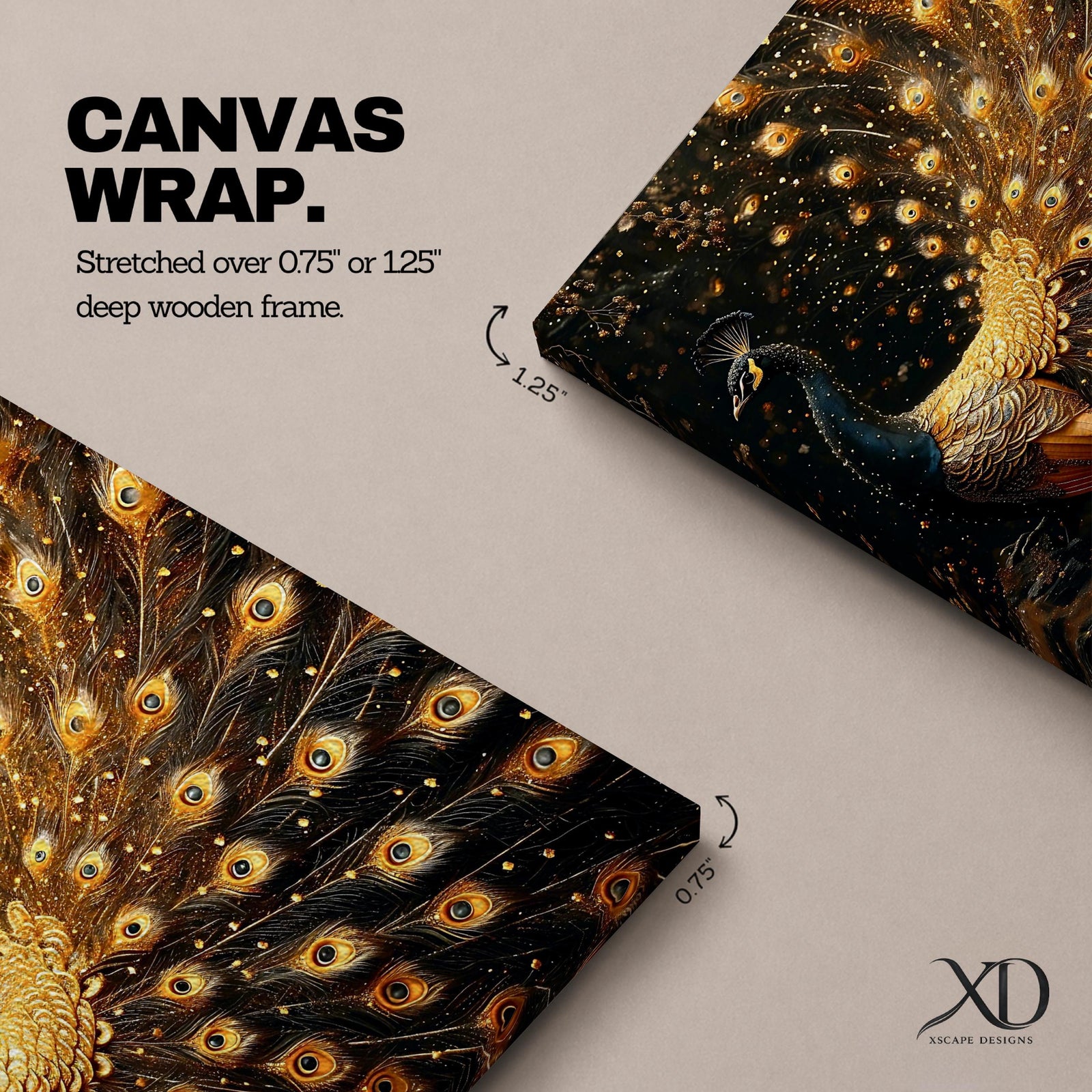 Peacock Wall Art Royal Feathers Framed Canvas Golden Exotic Animal Luxury Glam Decor