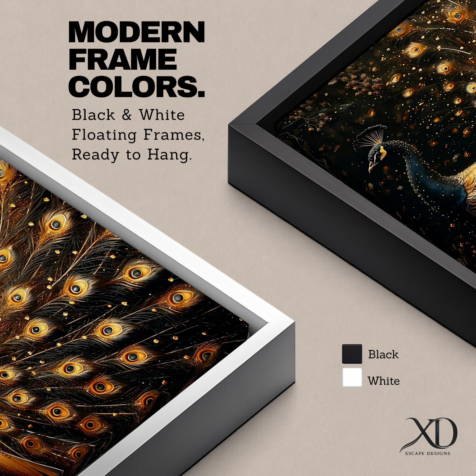 Peacock Wall Art Royal Feathers Framed Canvas Golden Exotic Animal Luxury Glam Decor
