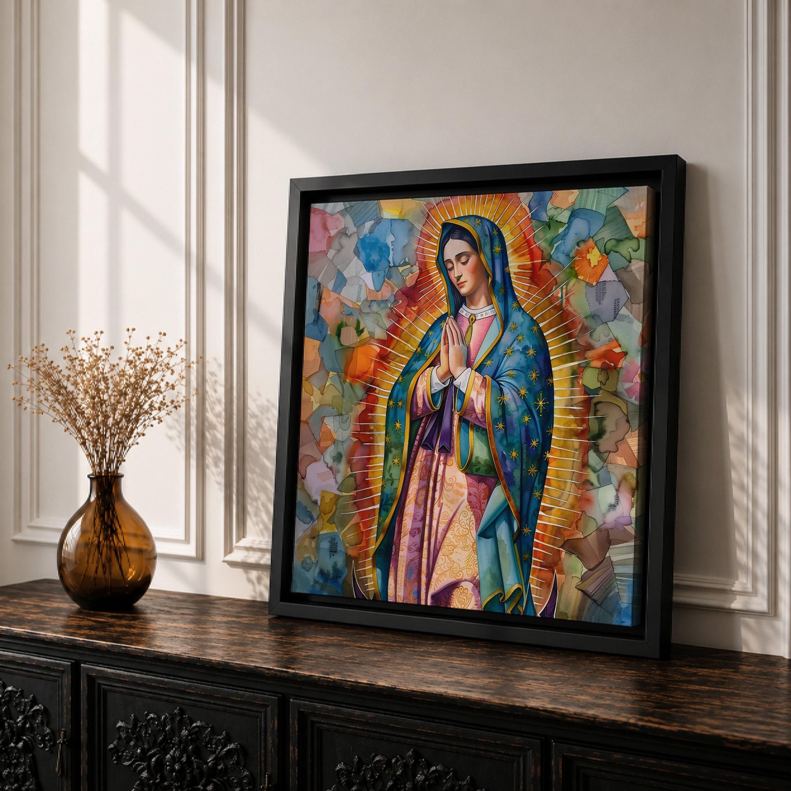 Our Lady of Guadalupe Wall Art Virgencita Framed Canvas Mexican Catholic Prayer Home Decor