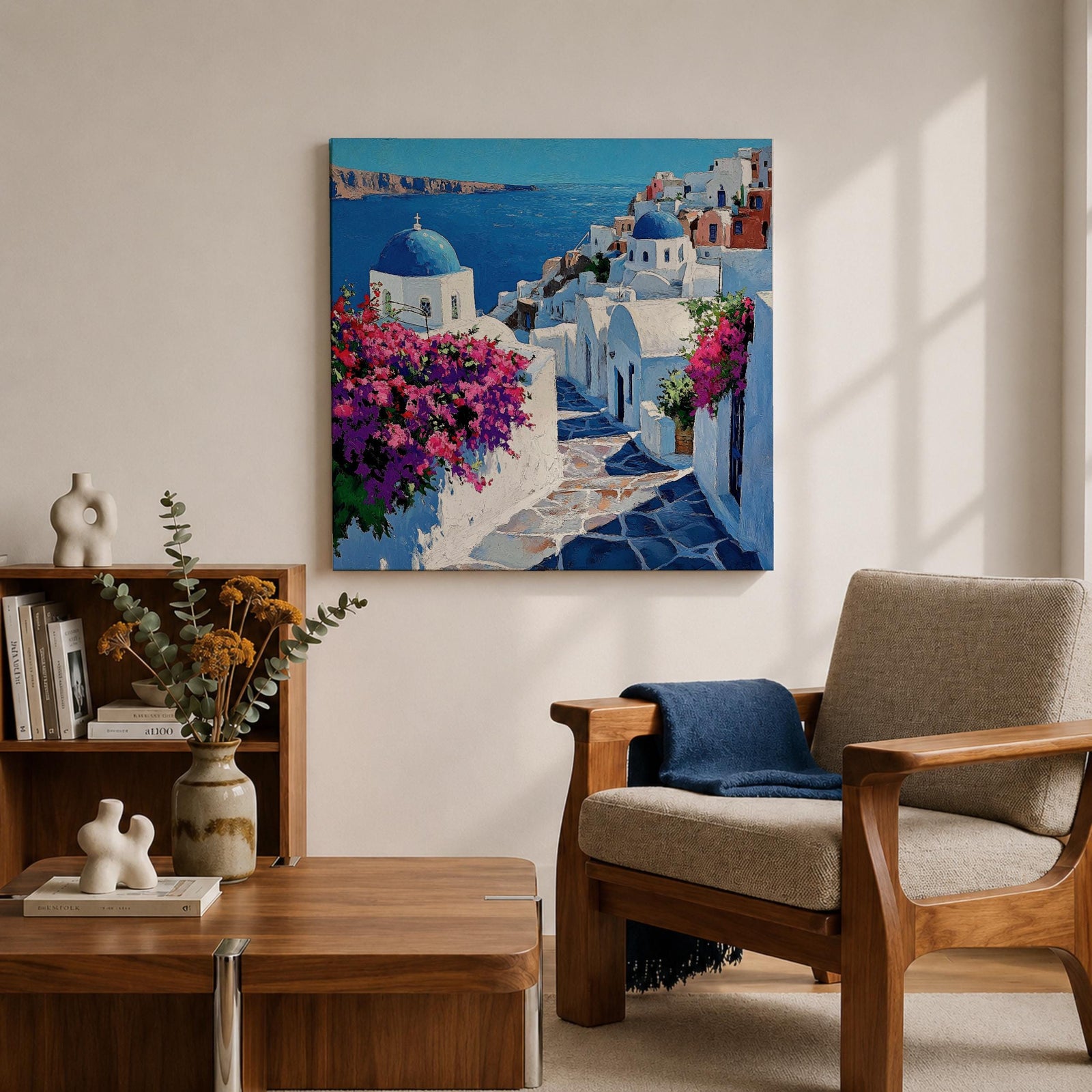 Santorini Greece Wall Art Greek Island Framed Canvas Mediterranean Coastal Landscape Living Room Decor