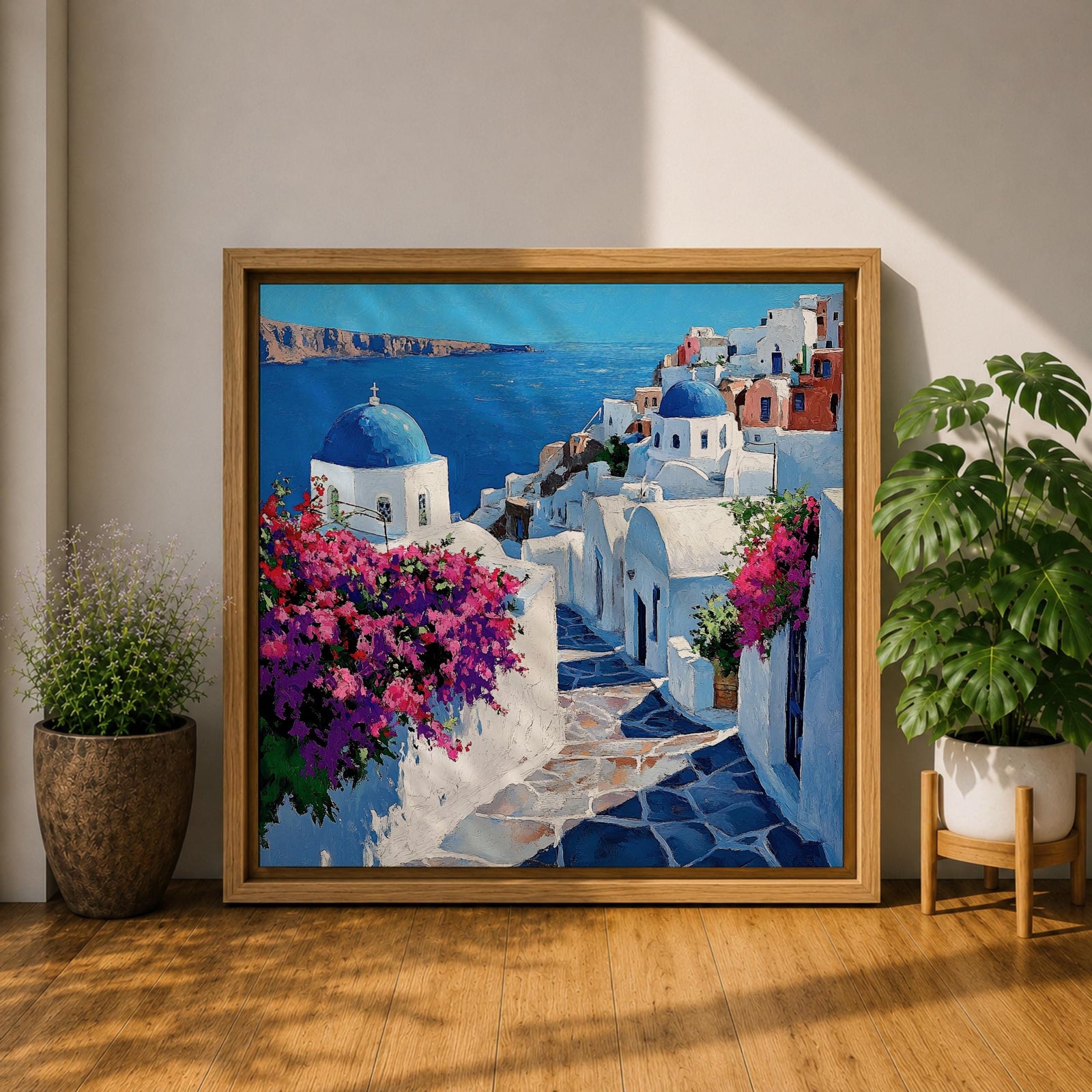 Santorini Greece Wall Art Greek Island Framed Canvas Mediterranean Coastal Landscape Living Room Decor