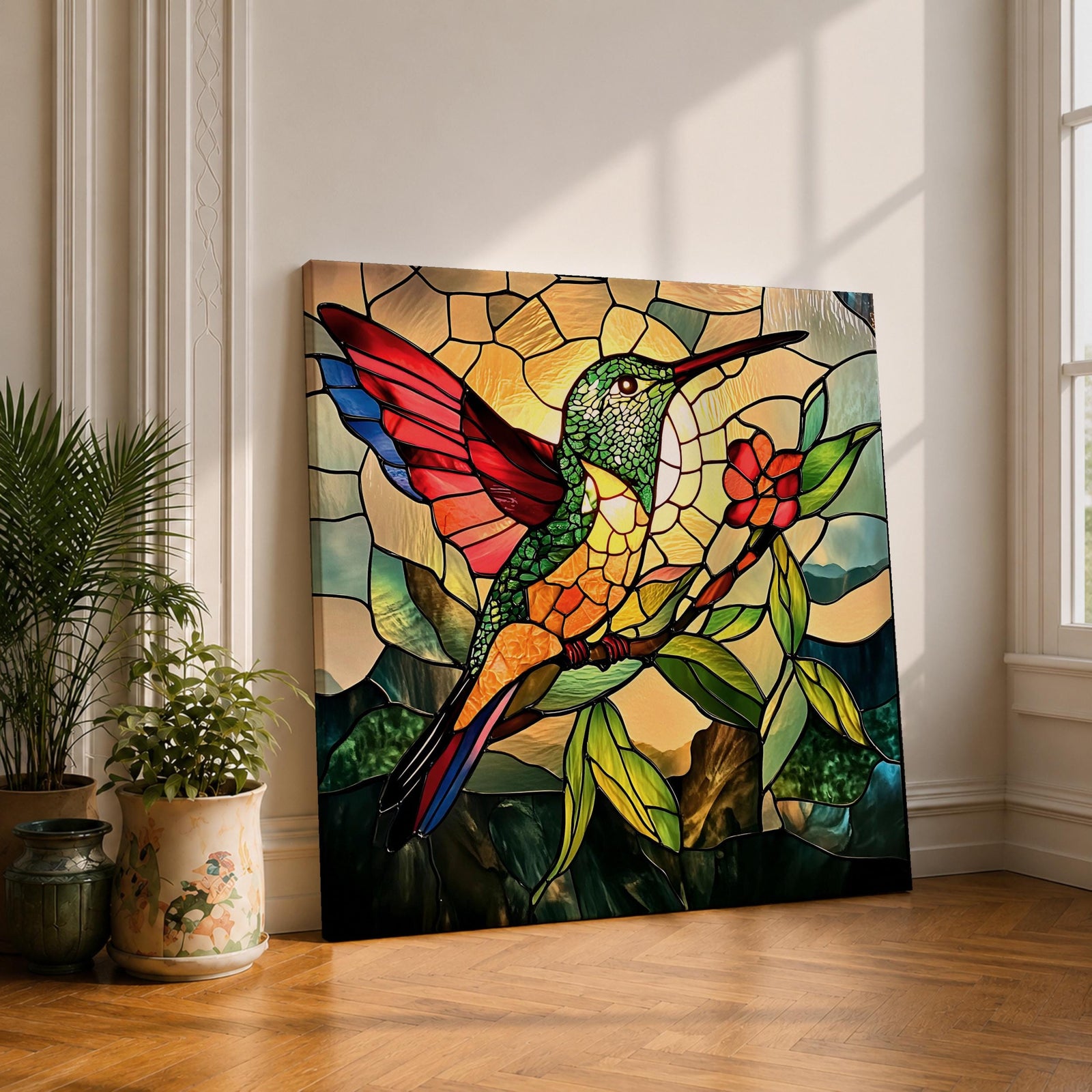 Hummingbird Wall Art Colibri Bird Framed Canvas Wildlife Stained Glass Tropical Nature Decor