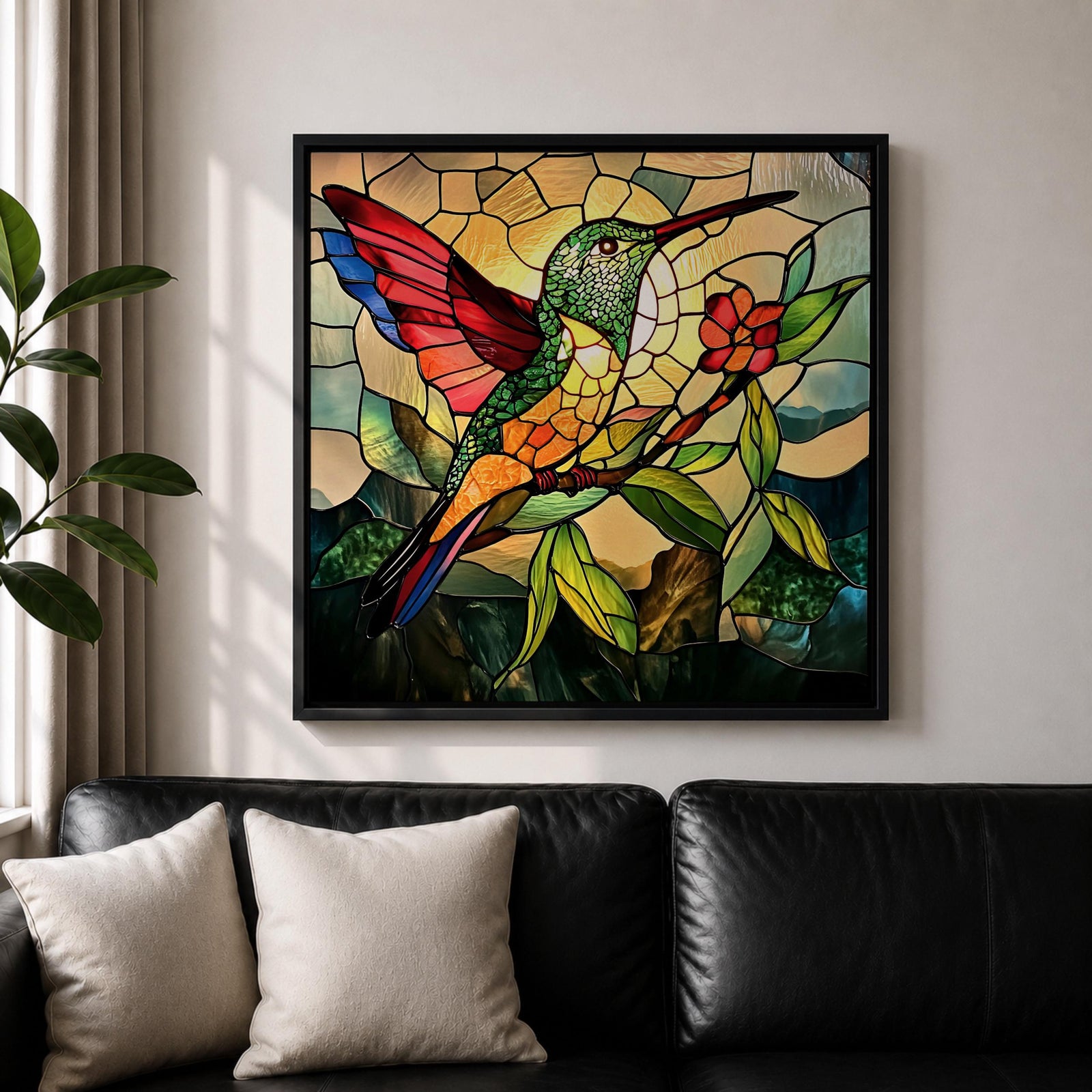 Hummingbird Wall Art Colibri Bird Framed Canvas Wildlife Stained Glass Tropical Nature Decor