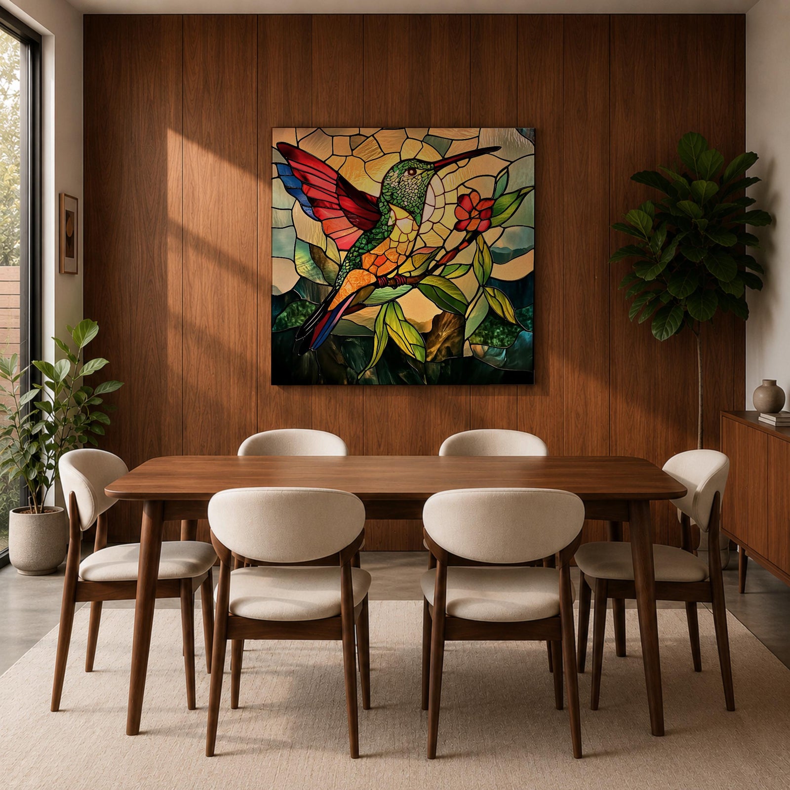 Hummingbird Wall Art Colibri Bird Framed Canvas Wildlife Stained Glass Tropical Nature Decor
